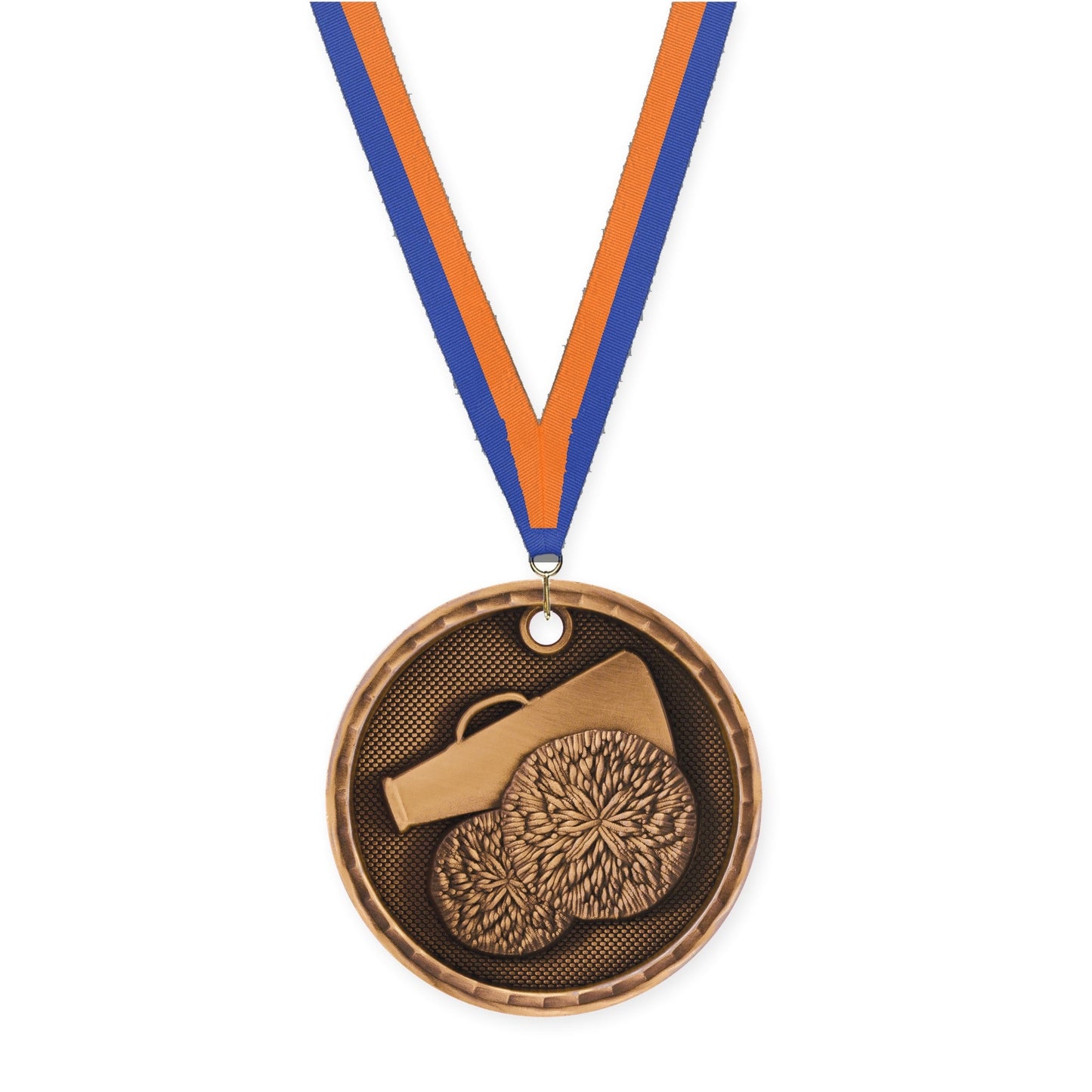 2 inch cheerleading 3-D medal in antique bronze with Blue Orange neck ribbon