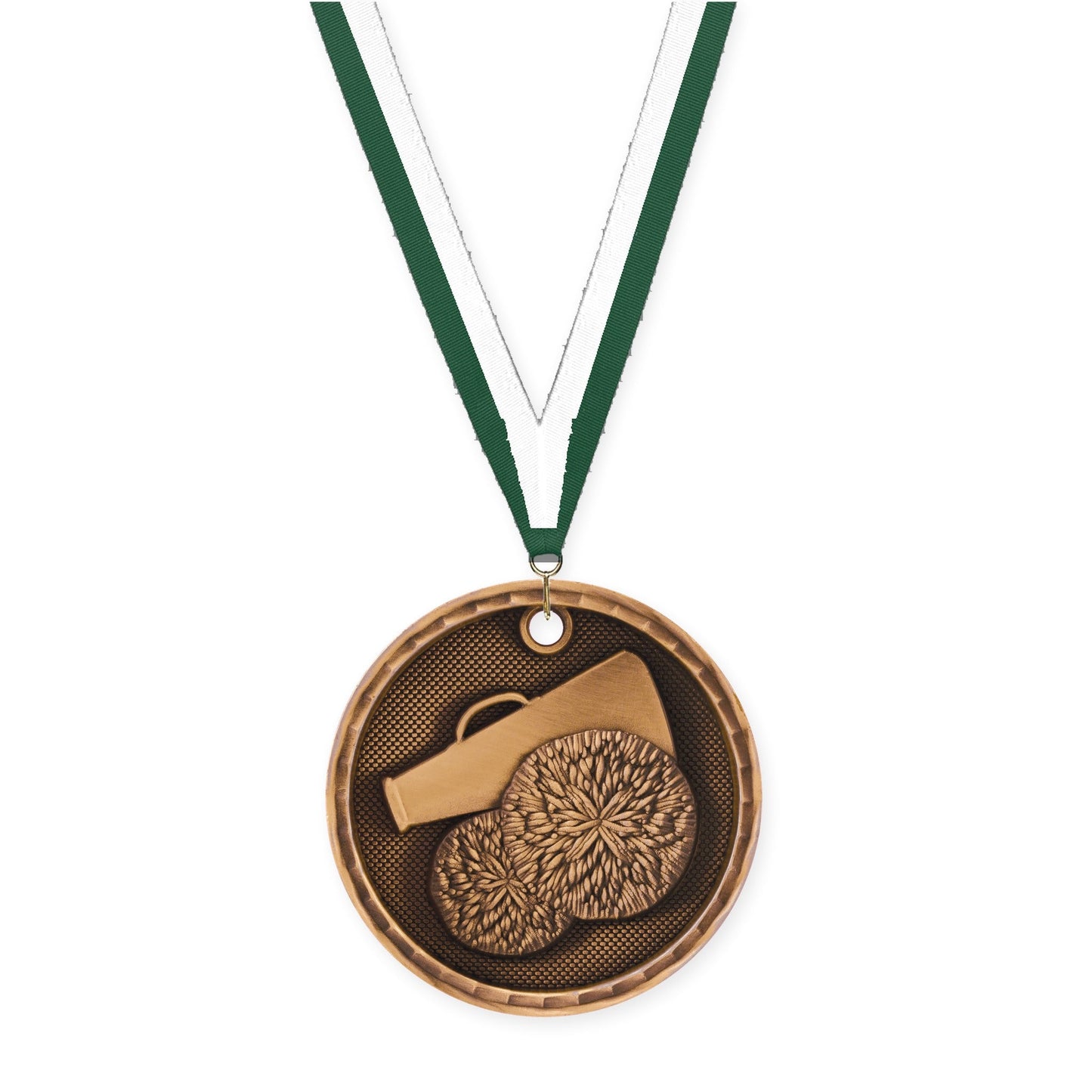 2 inch cheerleading 3-D medal in antique bronze with Hunter Green White neck ribbon