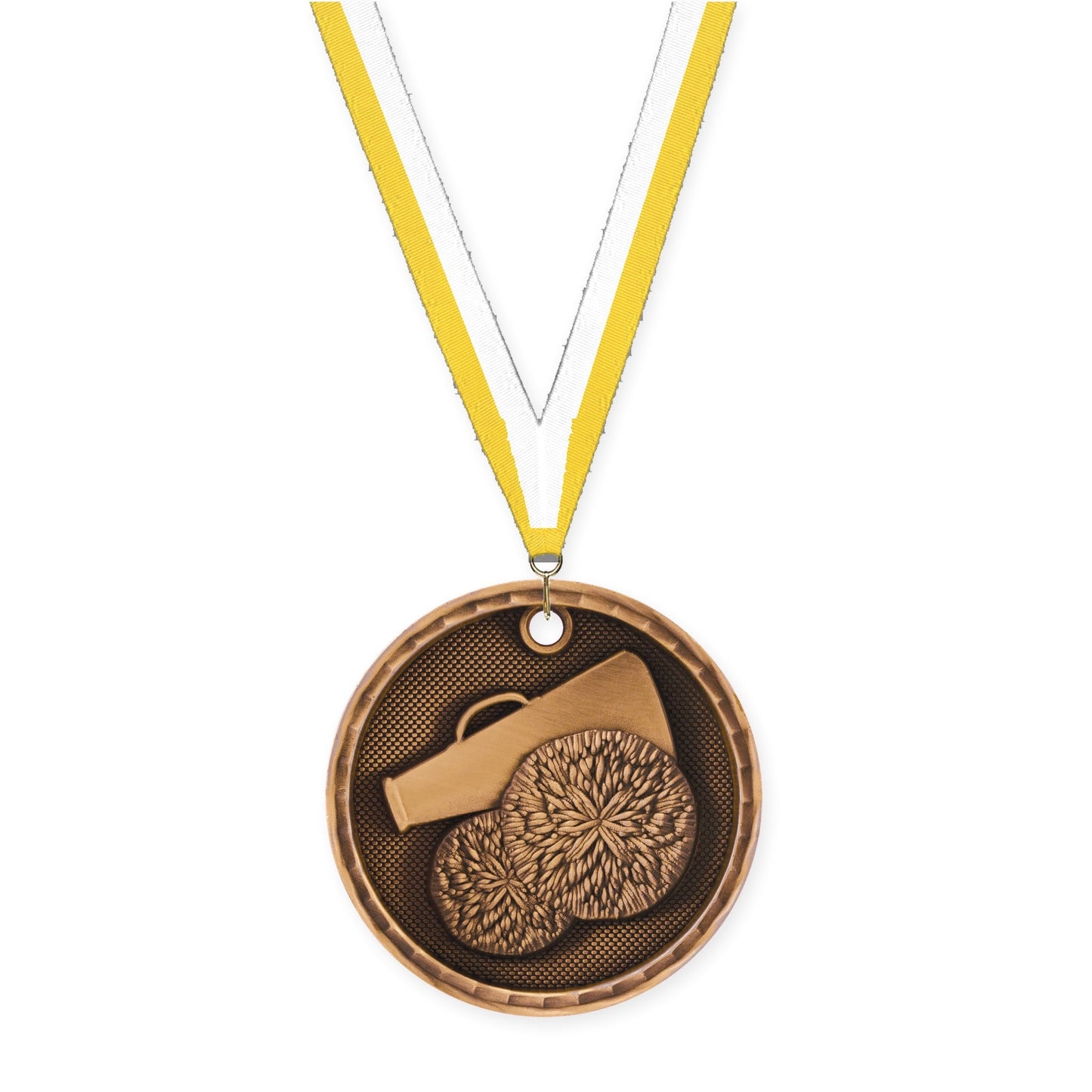 2 inch cheerleading 3-D medal in antique bronze with Yellow White neck ribbon