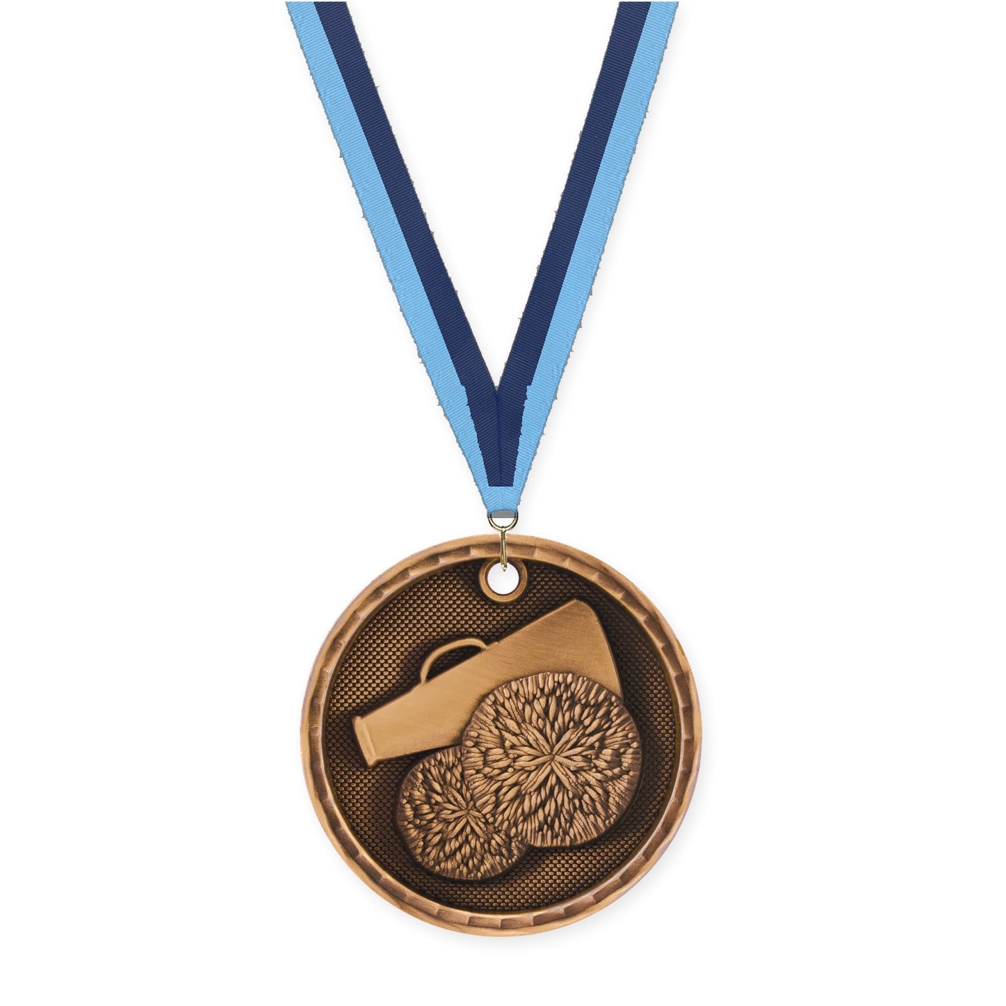 2 inch cheerleading 3-D medal in antique bronze with Light Blue Navy neck ribbon
