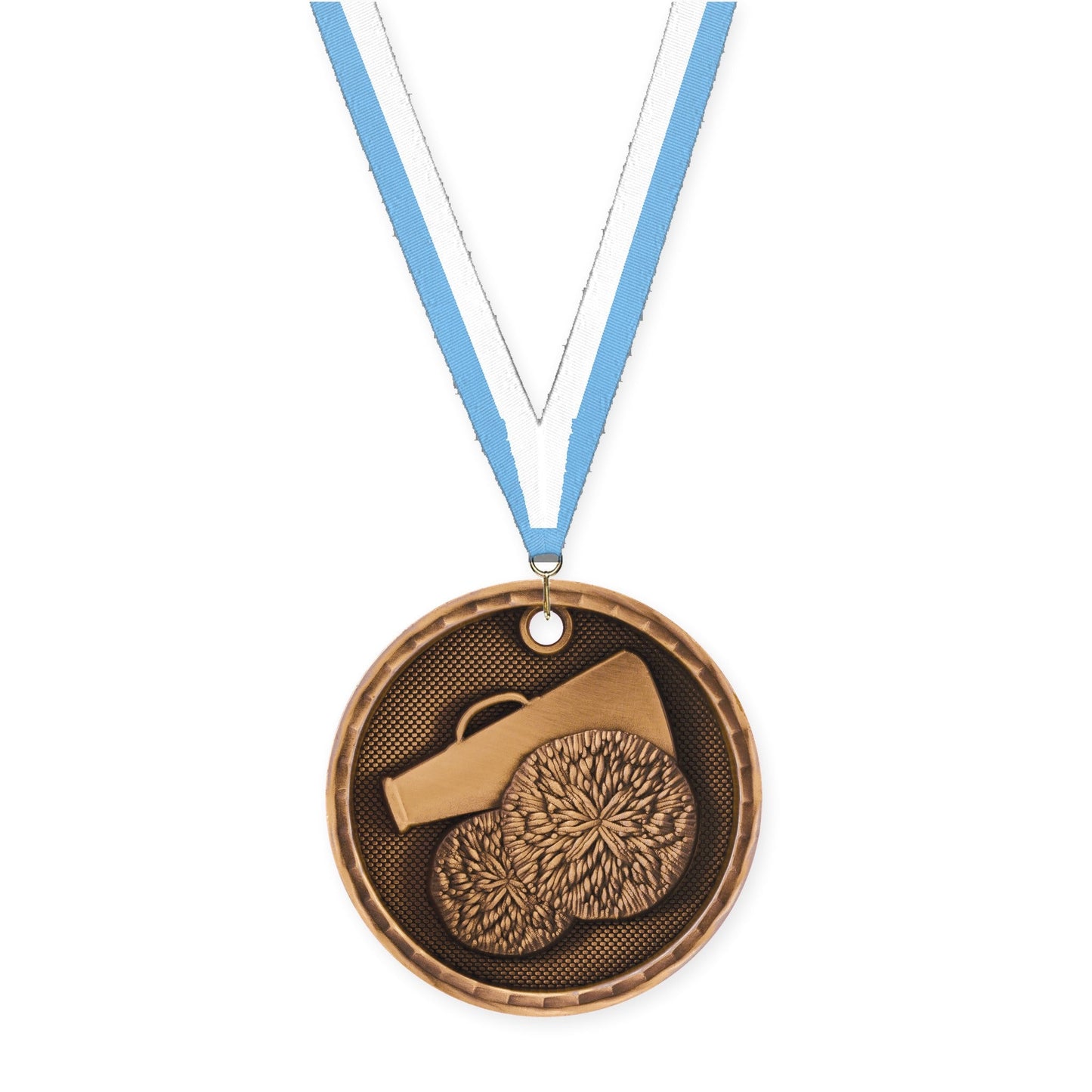 2 inch cheerleading 3-D medal in antique bronze with Light Blue White neck ribbon
