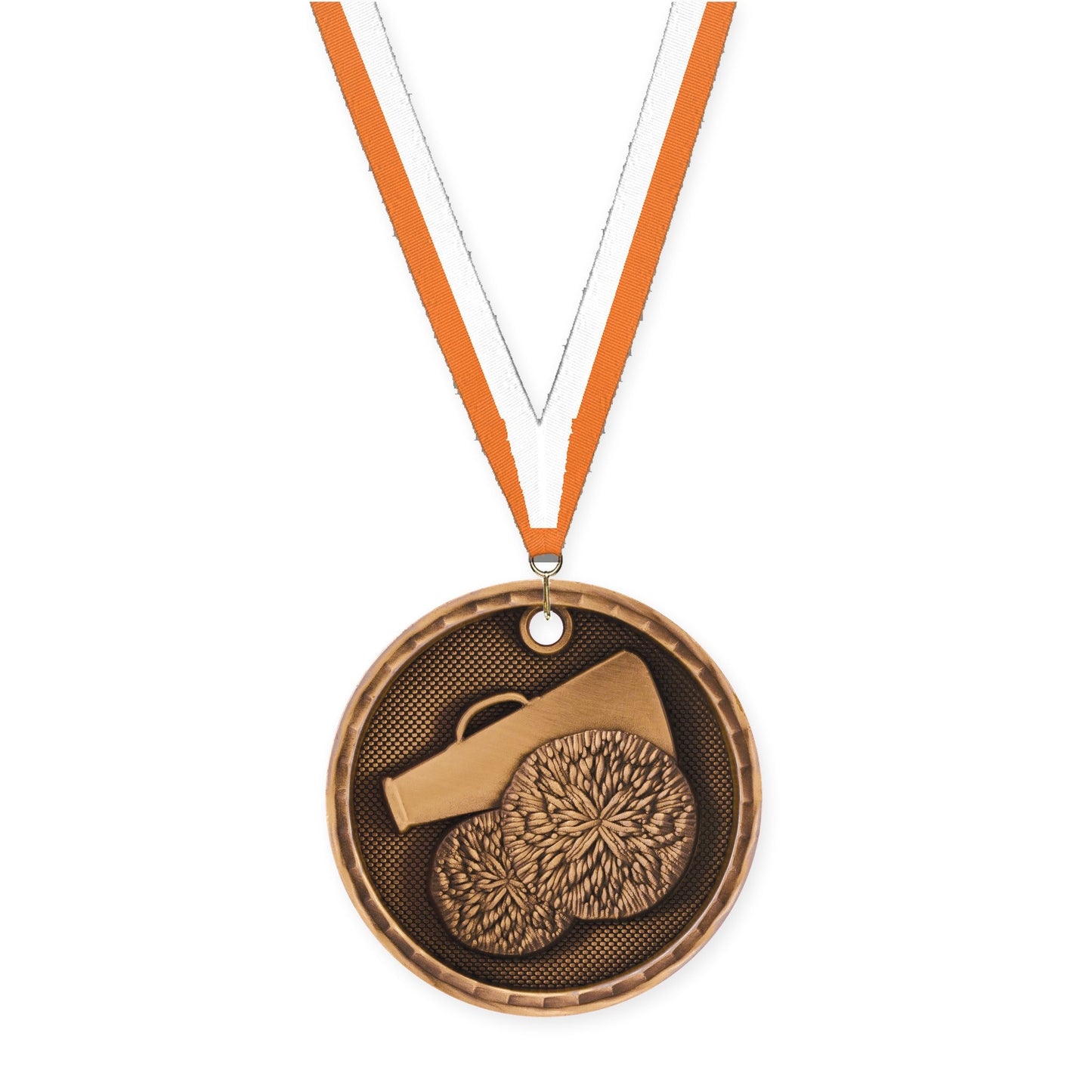 2 inch cheerleading 3-D medal in antique bronze with Orange White neck ribbon