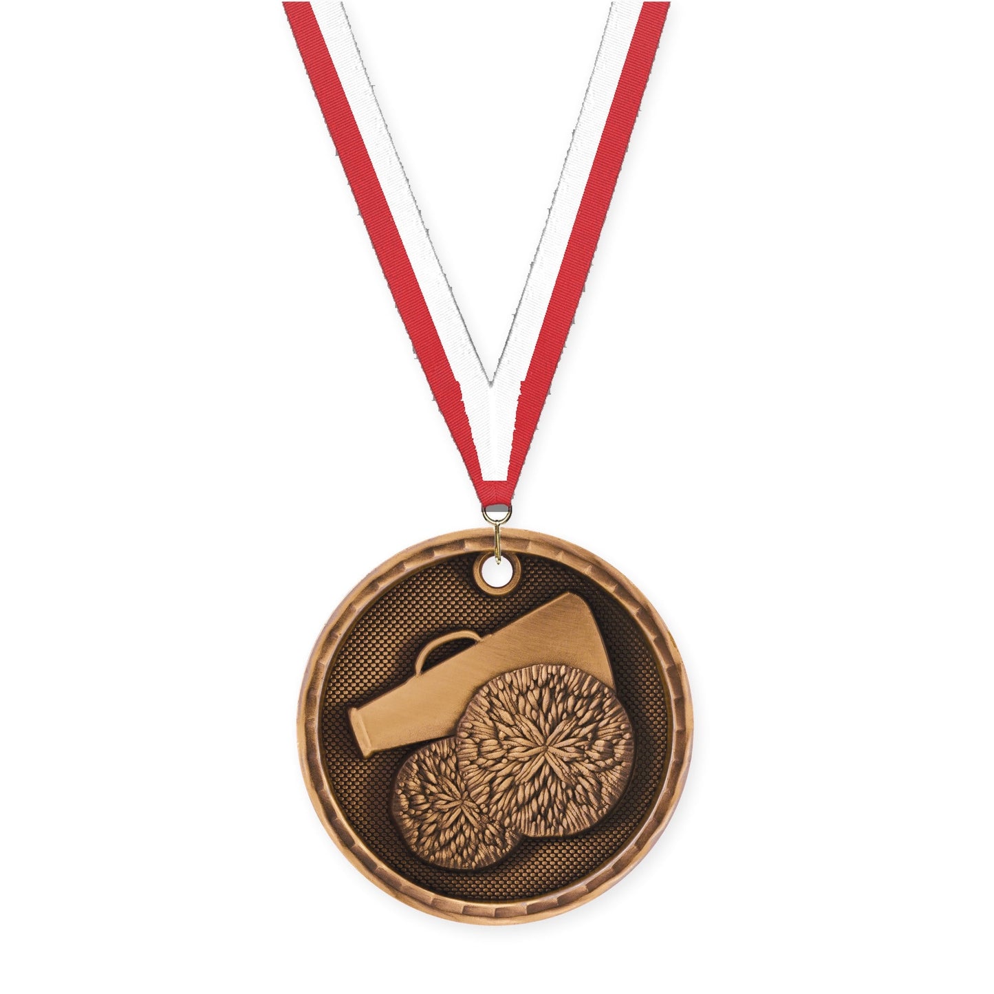 2 inch cheerleading 3-D medal in antique bronze with Red White neck ribbon