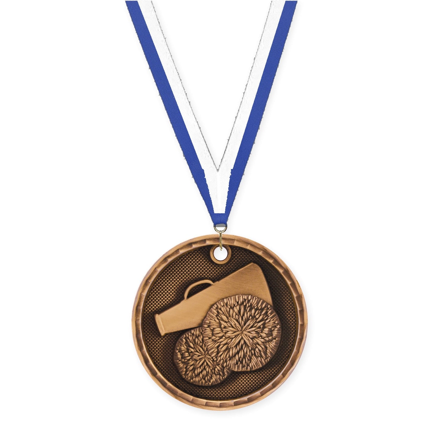 2 inch cheerleading 3-D medal in antique bronze with Blue White neck ribbon