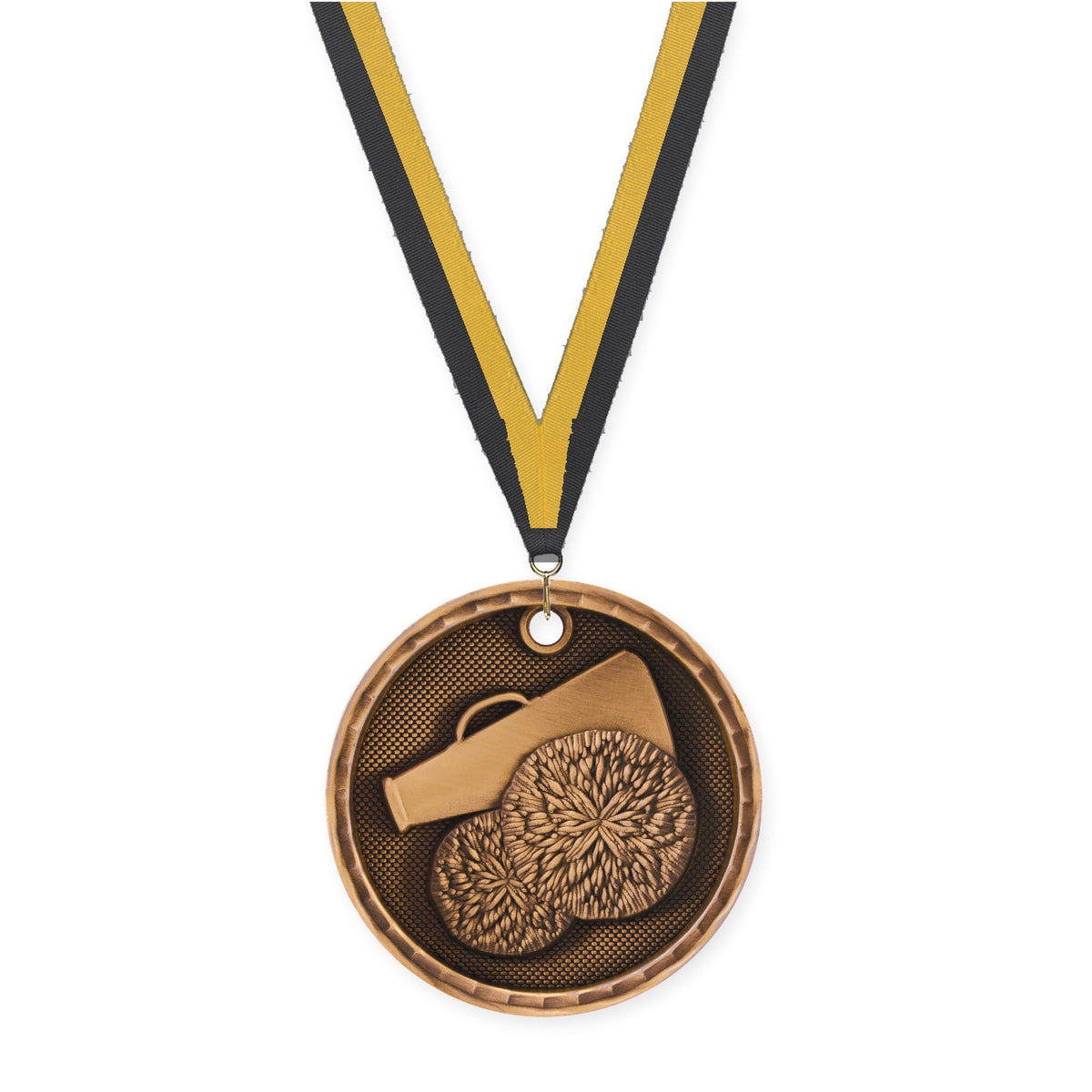 2 inch cheerleading 3-D medal in antique bronze with Black Gold neck ribbon