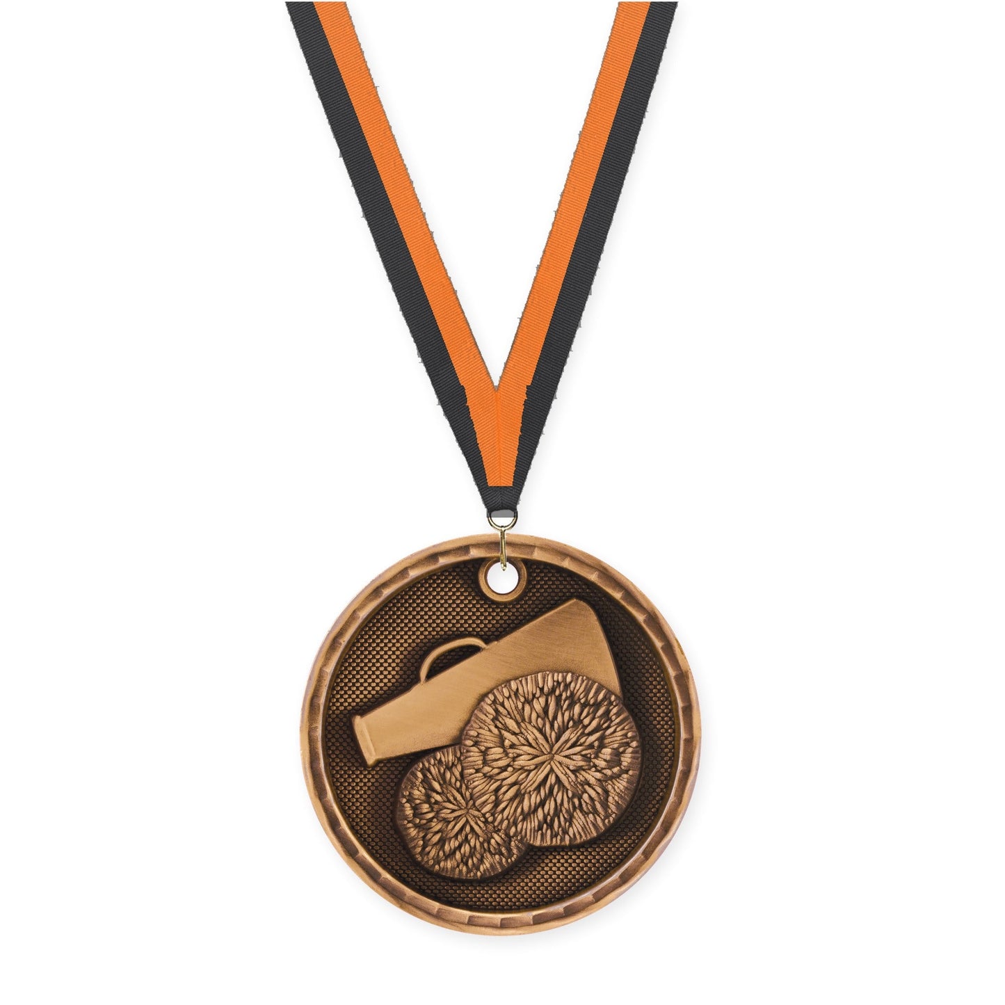 2 inch cheerleading 3-D medal in antique bronze with Black Orange neck ribbon