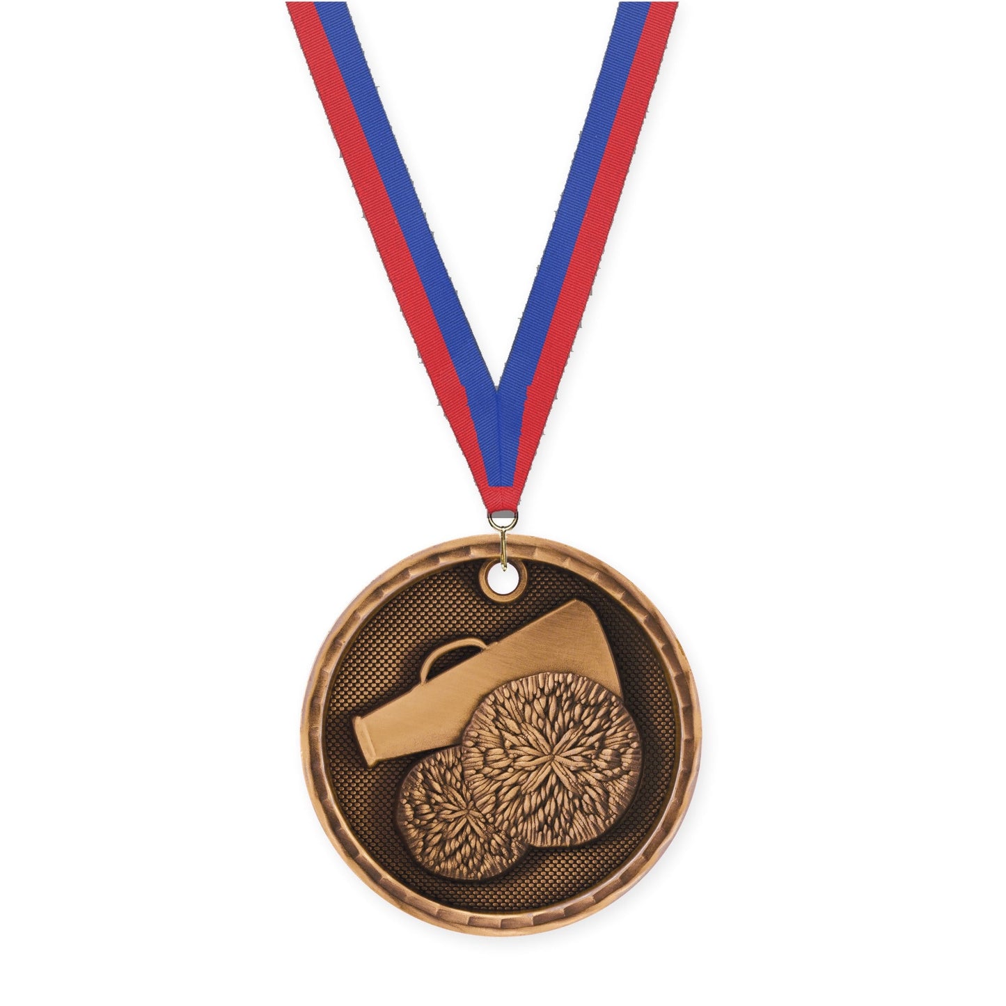 2 inch cheerleading 3-D medal in antique bronze with Blue Red neck ribbon