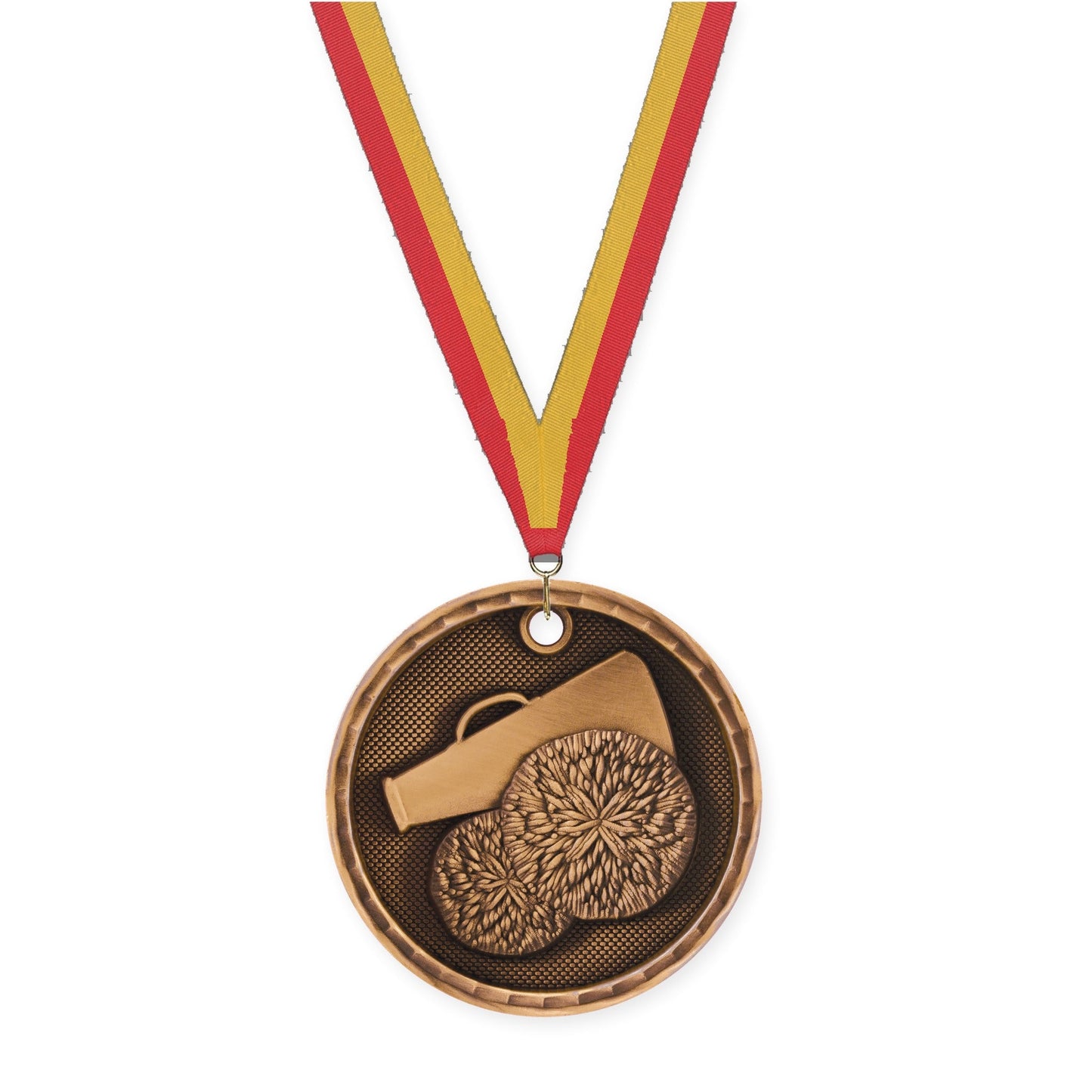 2 inch cheerleading 3-D medal in antique bronze with Red Gold neck ribbon