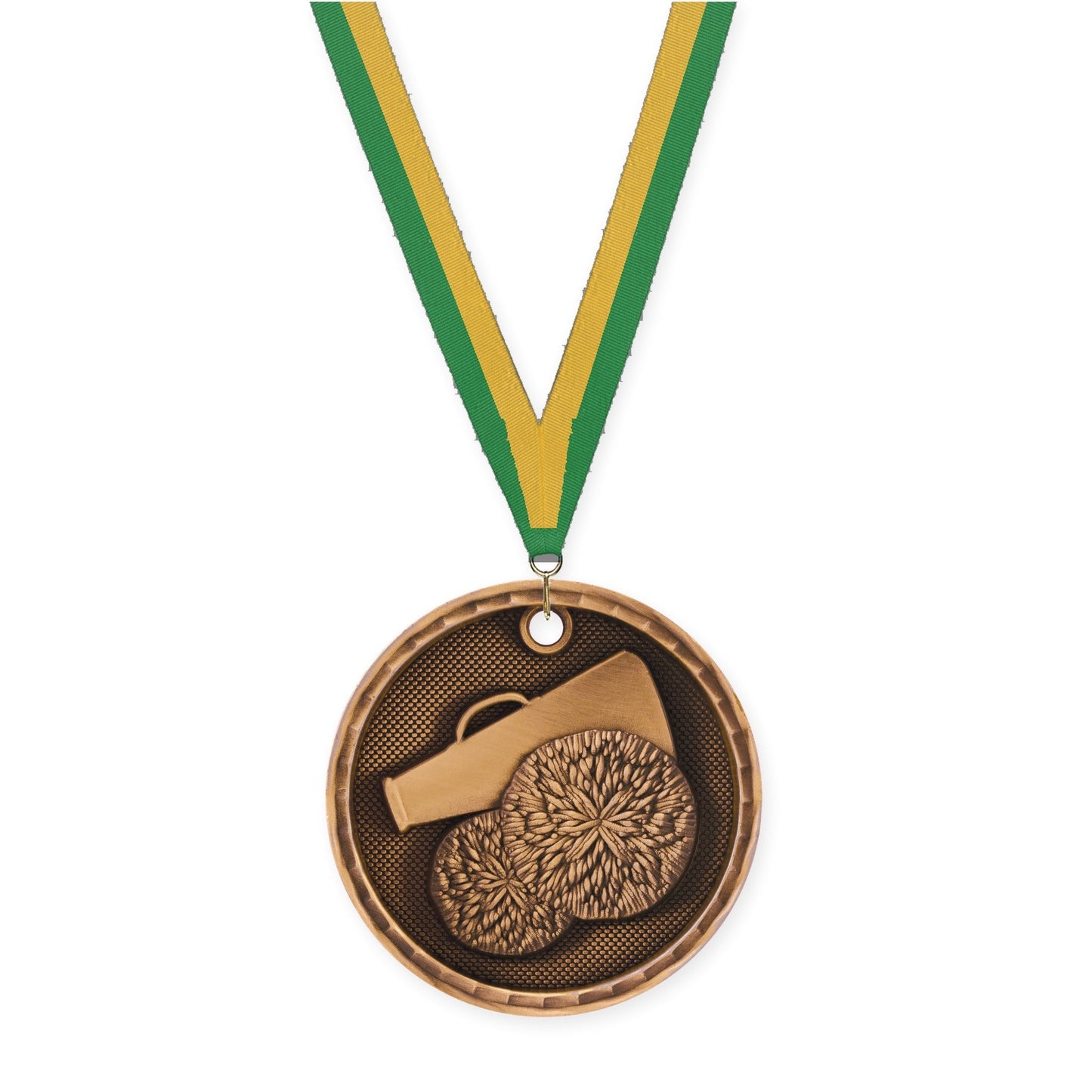 2 inch cheerleading 3-D medal in antique bronze with Green Gold neck ribbon
