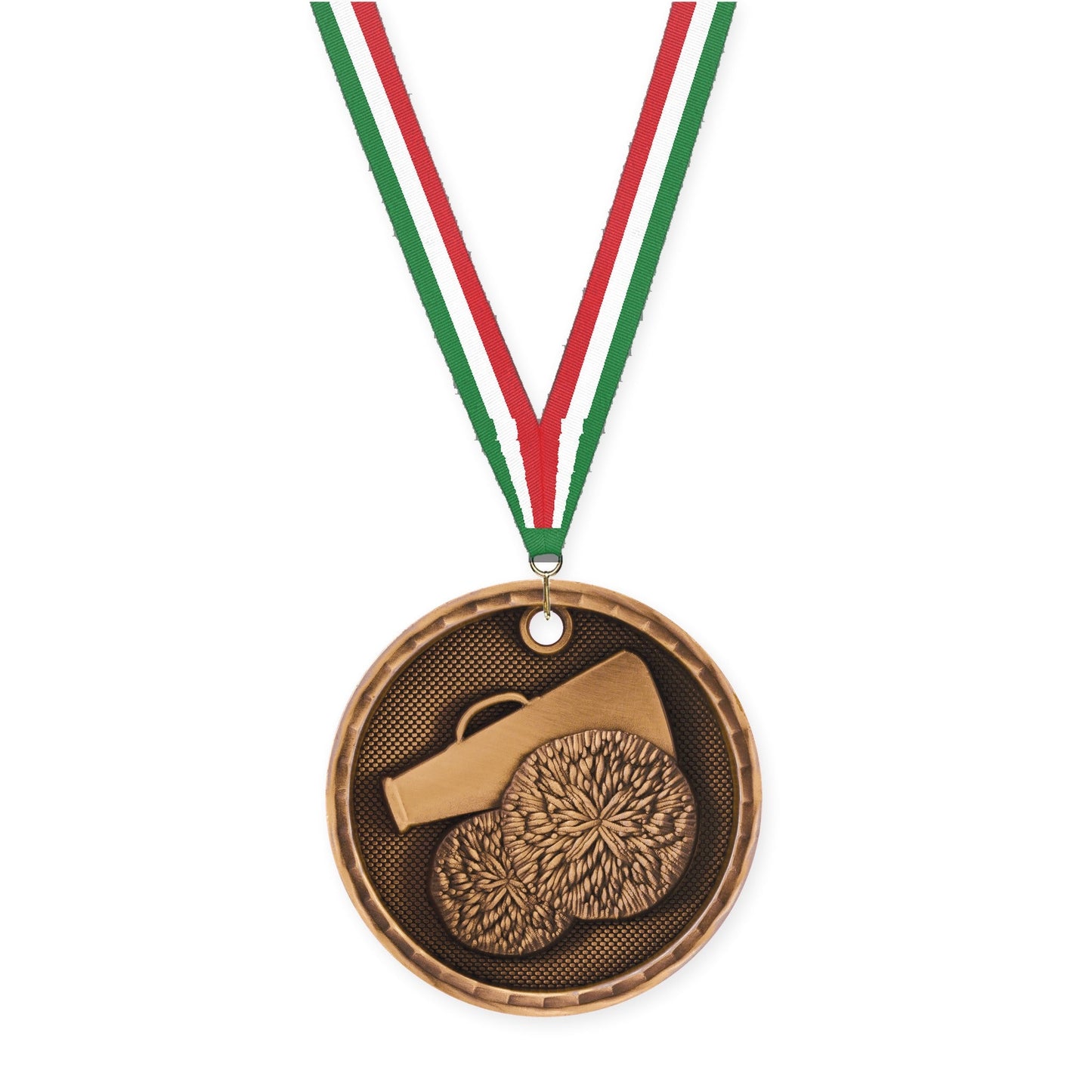 2 inch cheerleading 3-D medal in antique bronze with Green White Red neck ribbon