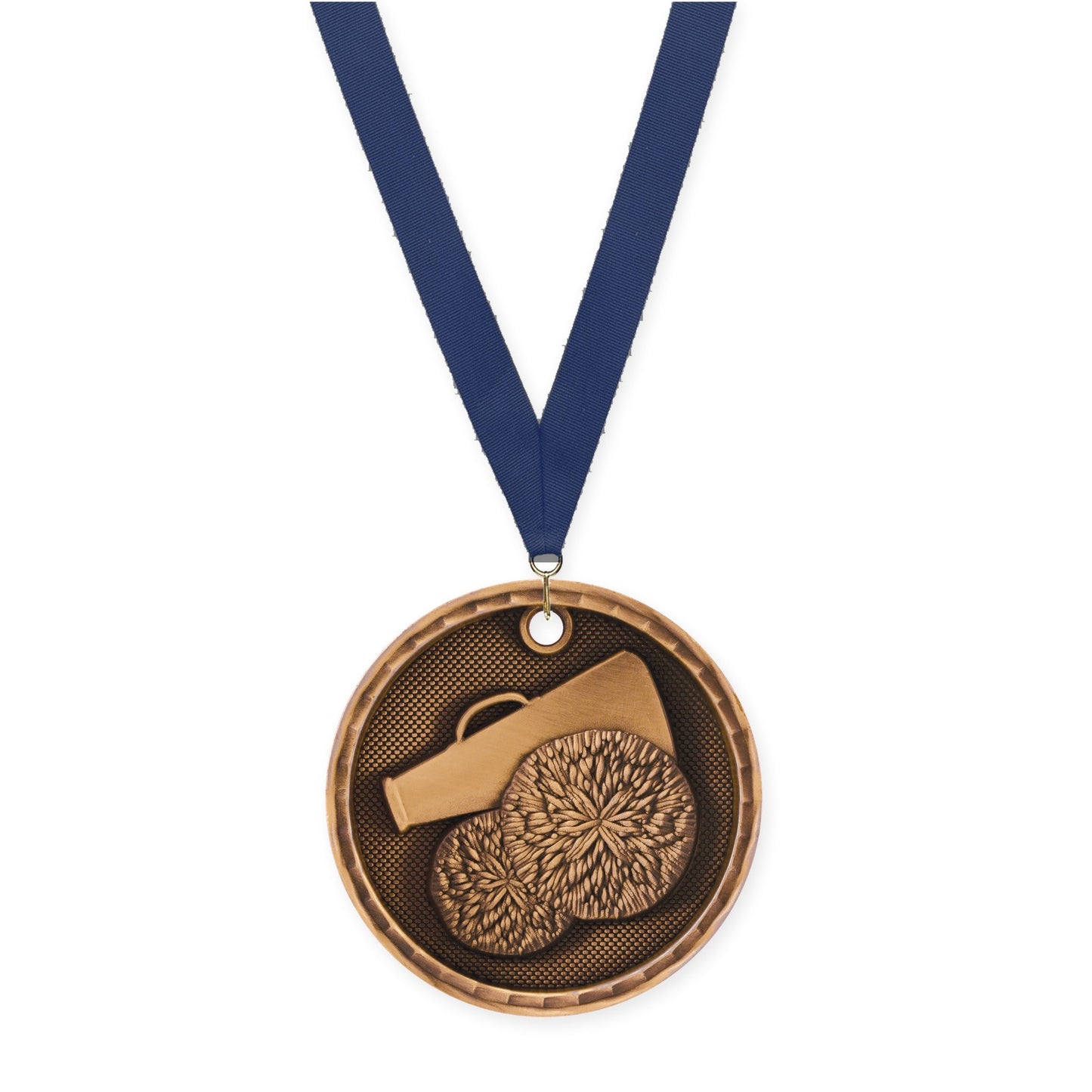2 inch cheerleading 3-D medal in antique bronze with Navy neck ribbon