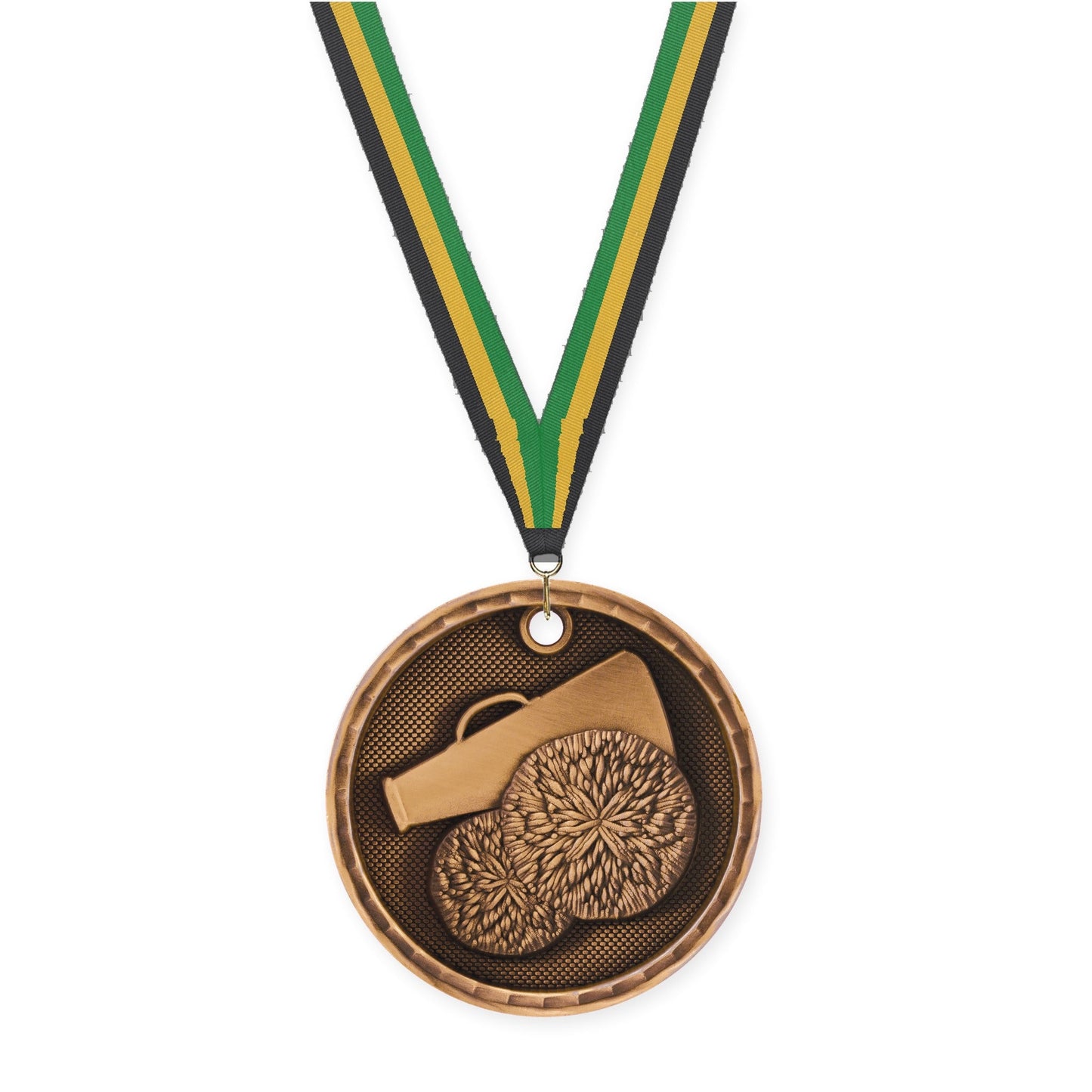 2 inch cheerleading 3-D medal in antique bronze with Black Gold Green neck ribbon