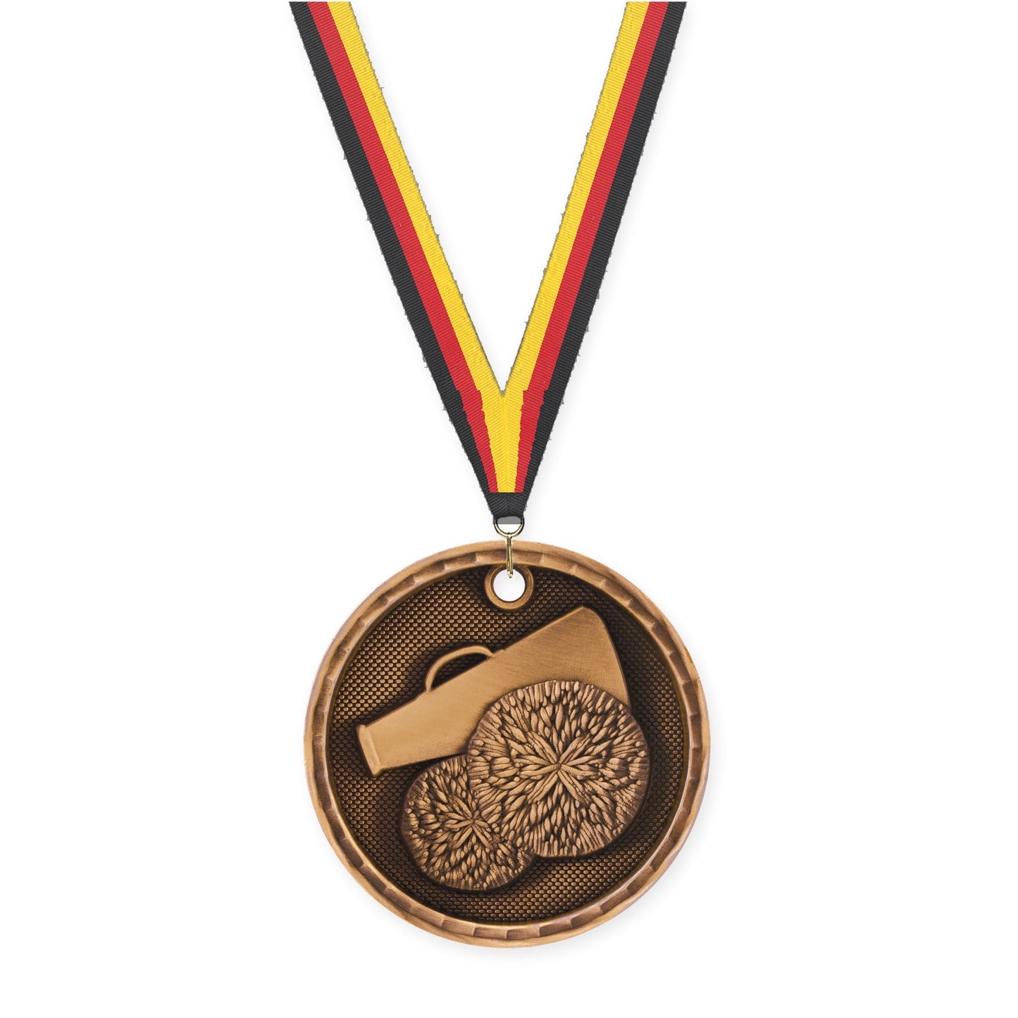 2 inch cheerleading 3-D medal in antique bronze with Black Red Yellow neck ribbon