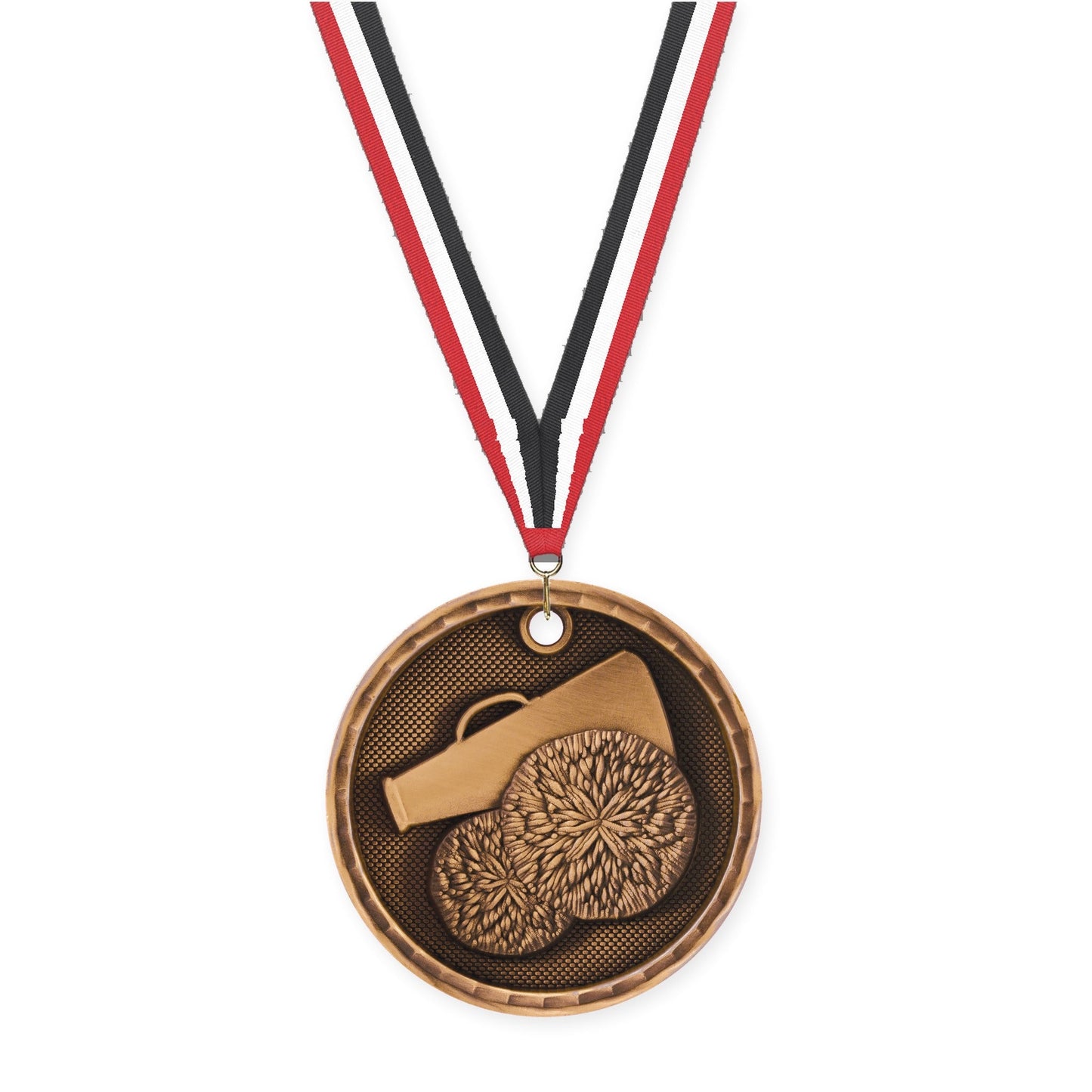 2 inch cheerleading 3-D medal in antique bronze with Red White Black neck ribbon