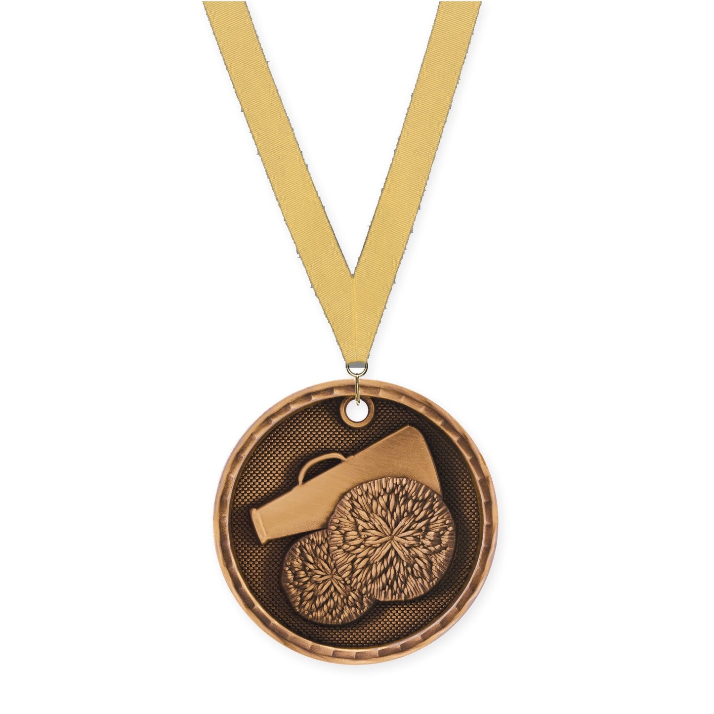 2 inch cheerleading 3-D medal in antique bronze with Gold Metallic neck ribbon