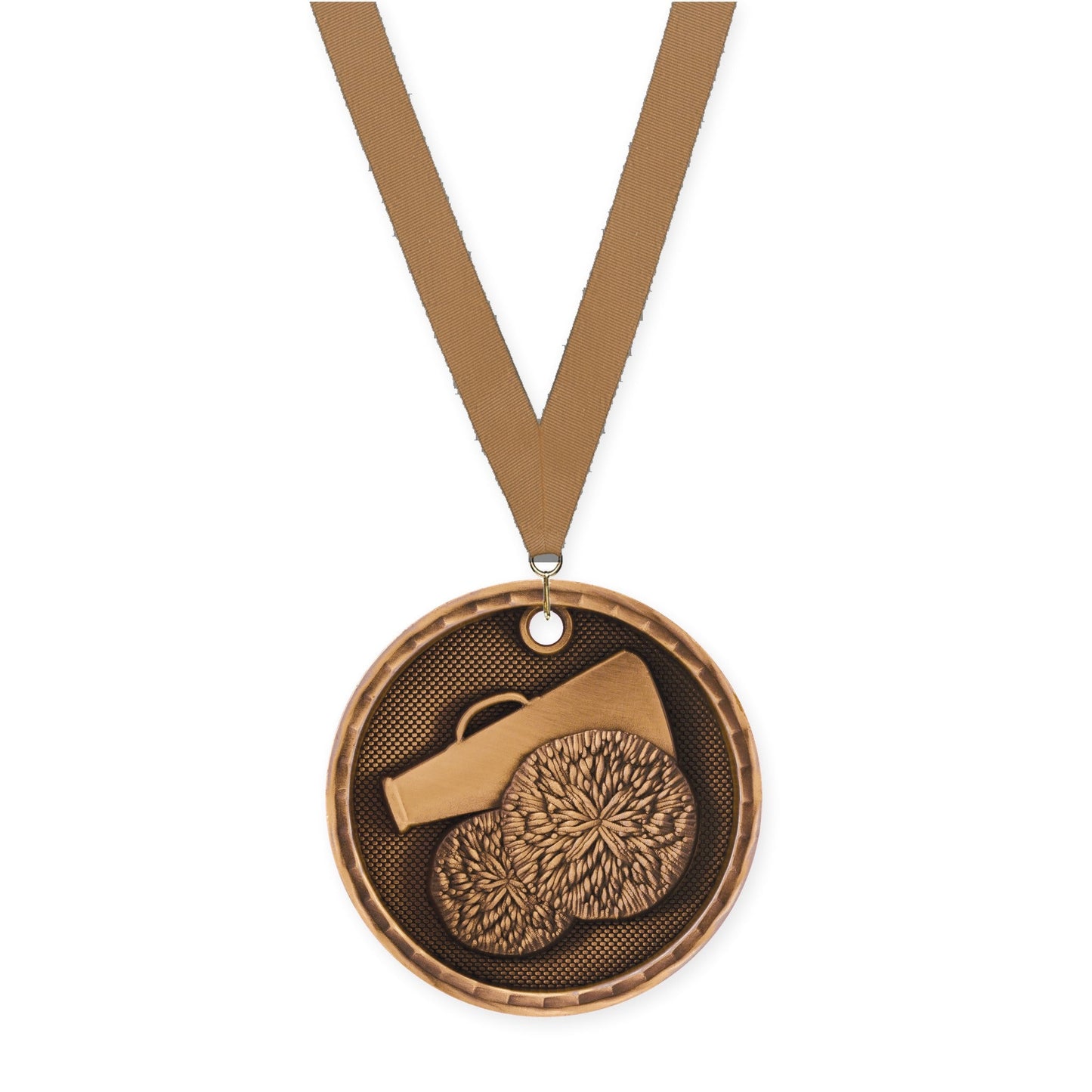 2 inch cheerleading 3-D medal in antique bronze with Bronze Metallic neck ribbon