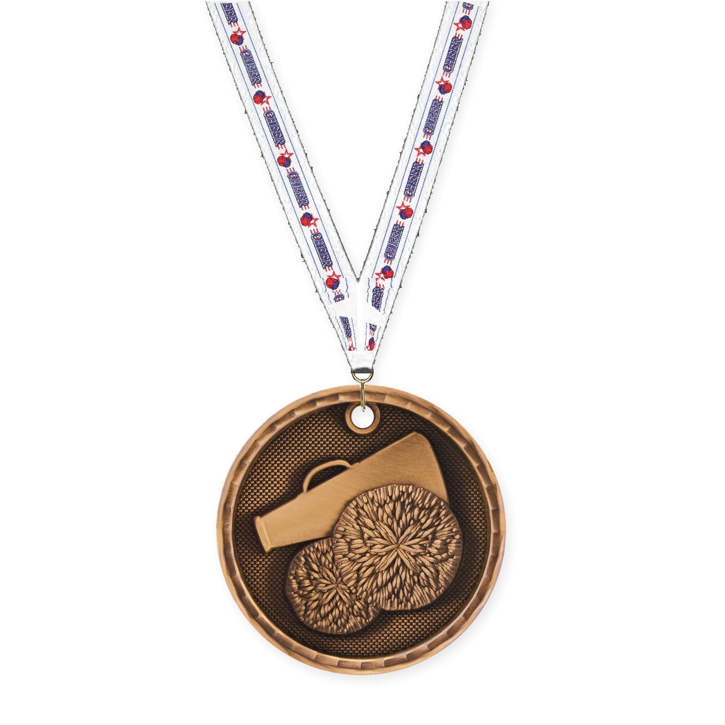 2 inch cheerleading 3-D medal in antique bronze with Cheerleading neck ribbon