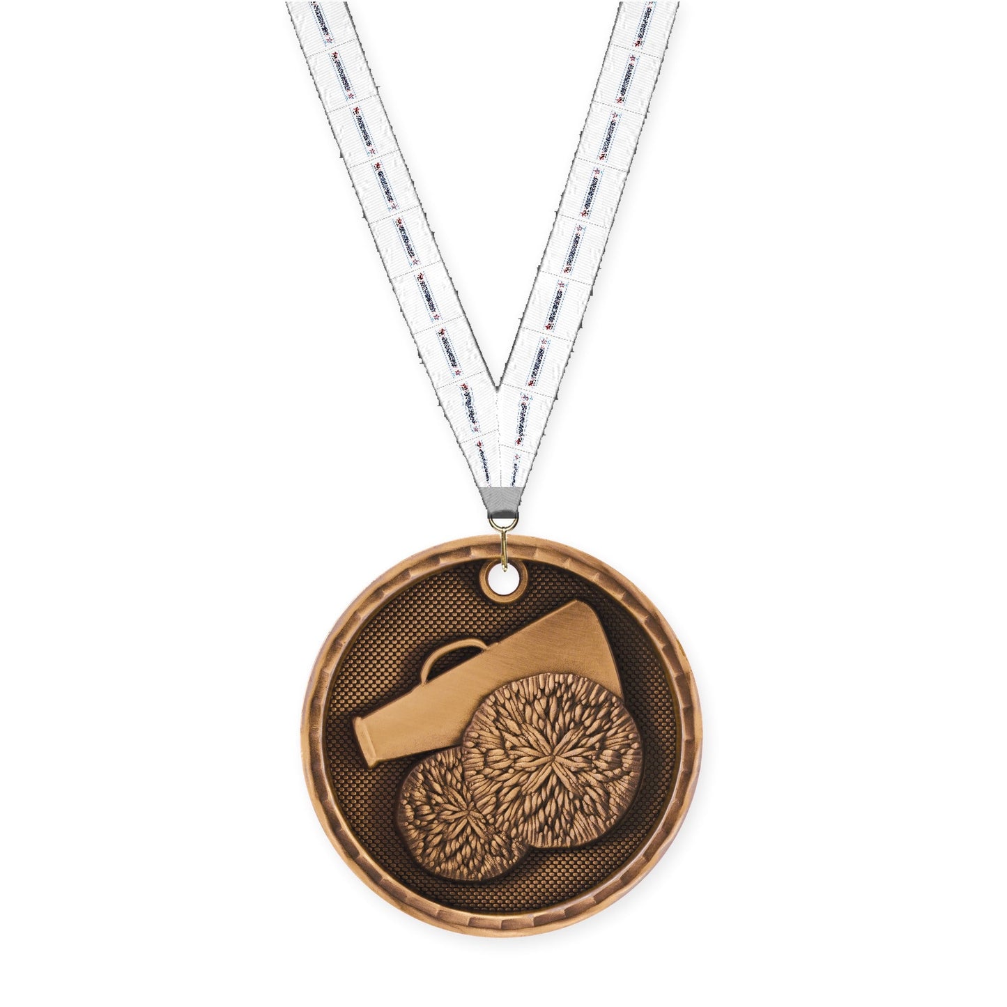 2 inch cheerleading 3-D medal in antique bronze with Gymnastics neck ribbon