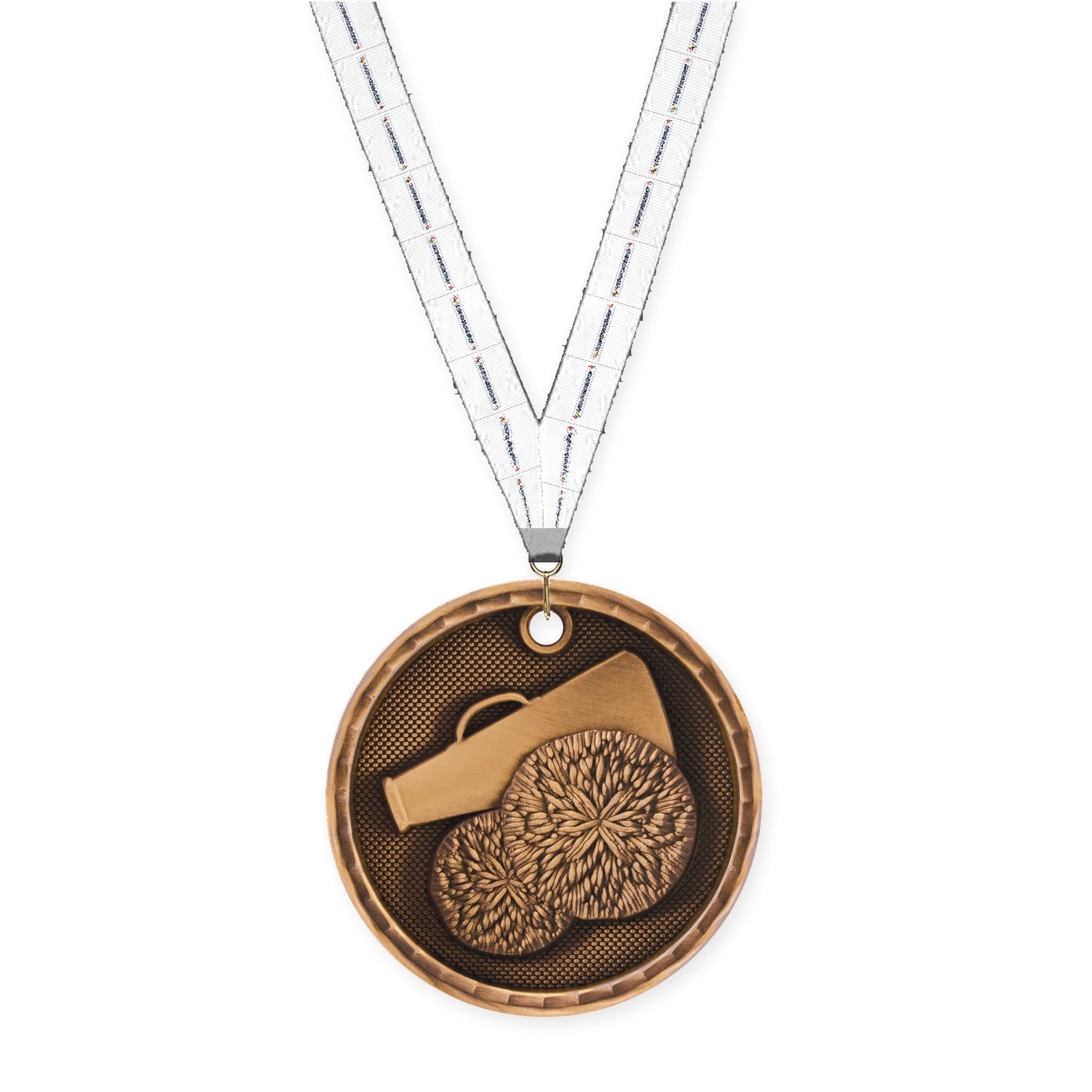 2 inch cheerleading 3-D medal in antique bronze with Lamp Of Knowledge neck ribbon