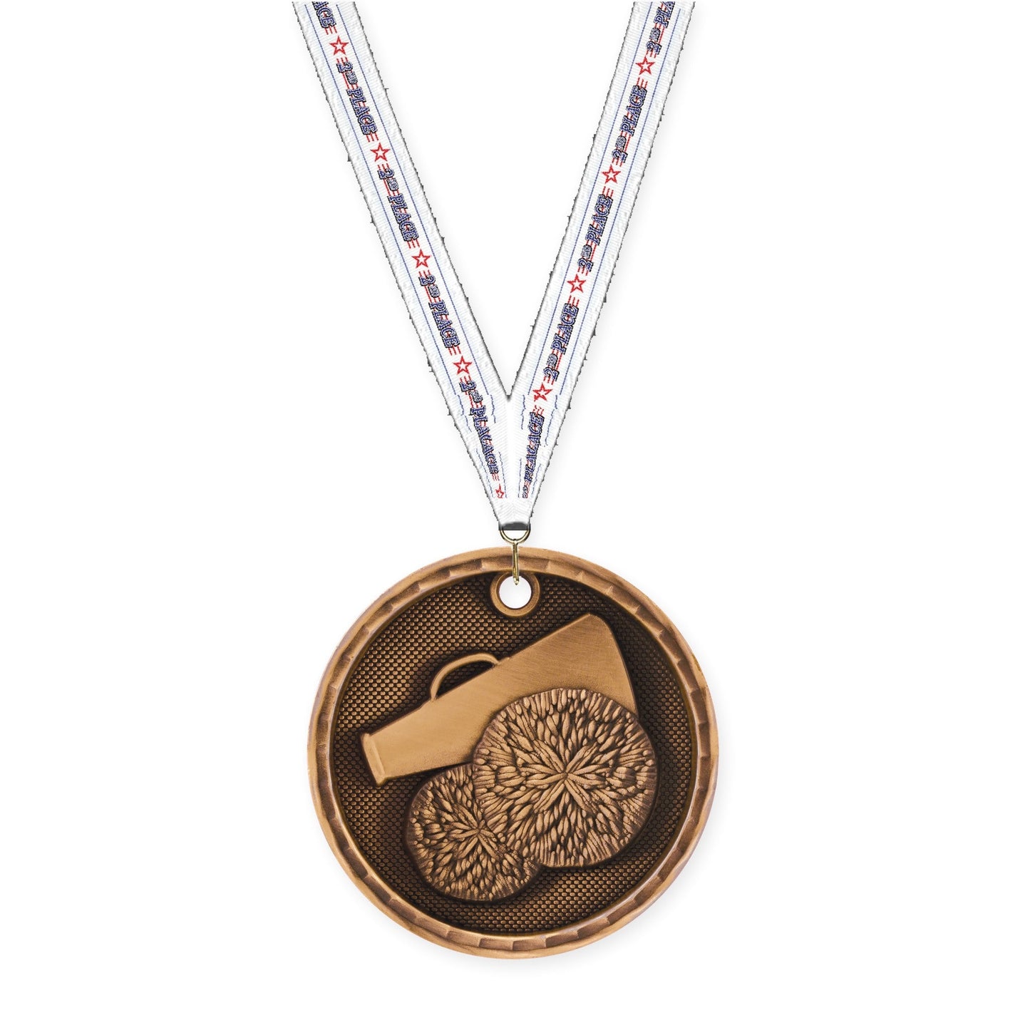 2 inch cheerleading 3-D medal in antique bronze with 2nd Place neck ribbon