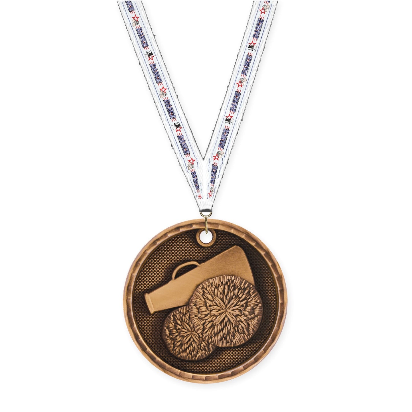 2 inch cheerleading 3-D medal in antique bronze with Dance neck ribbon