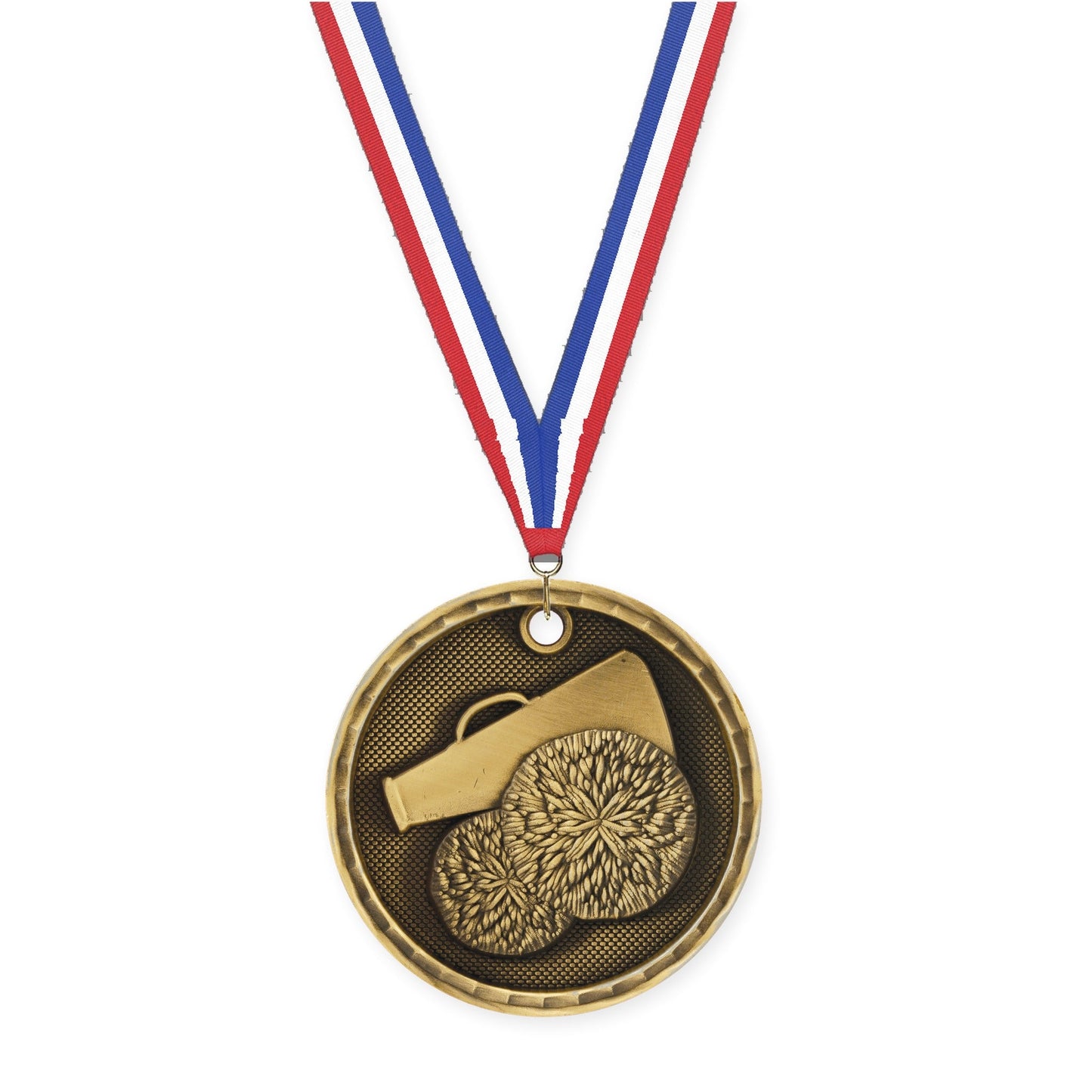 2 inch cheerleading 3-D medal in antique gold with Red White Blue neck ribbon