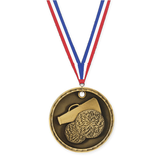 2 inch cheerleading 3-D medal in antique gold with Red White Blue neck ribbon