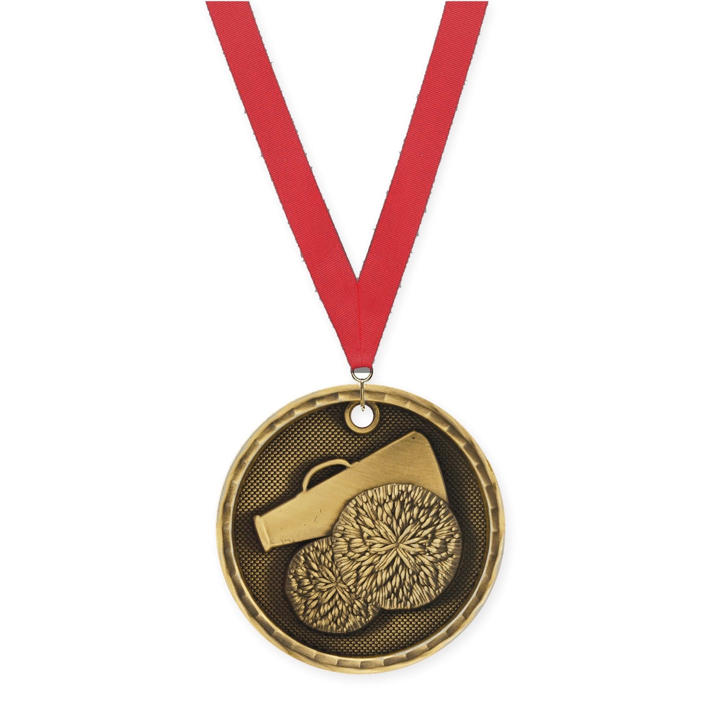 2 inch cheerleading 3-D medal in antique gold with Red neck ribbon
