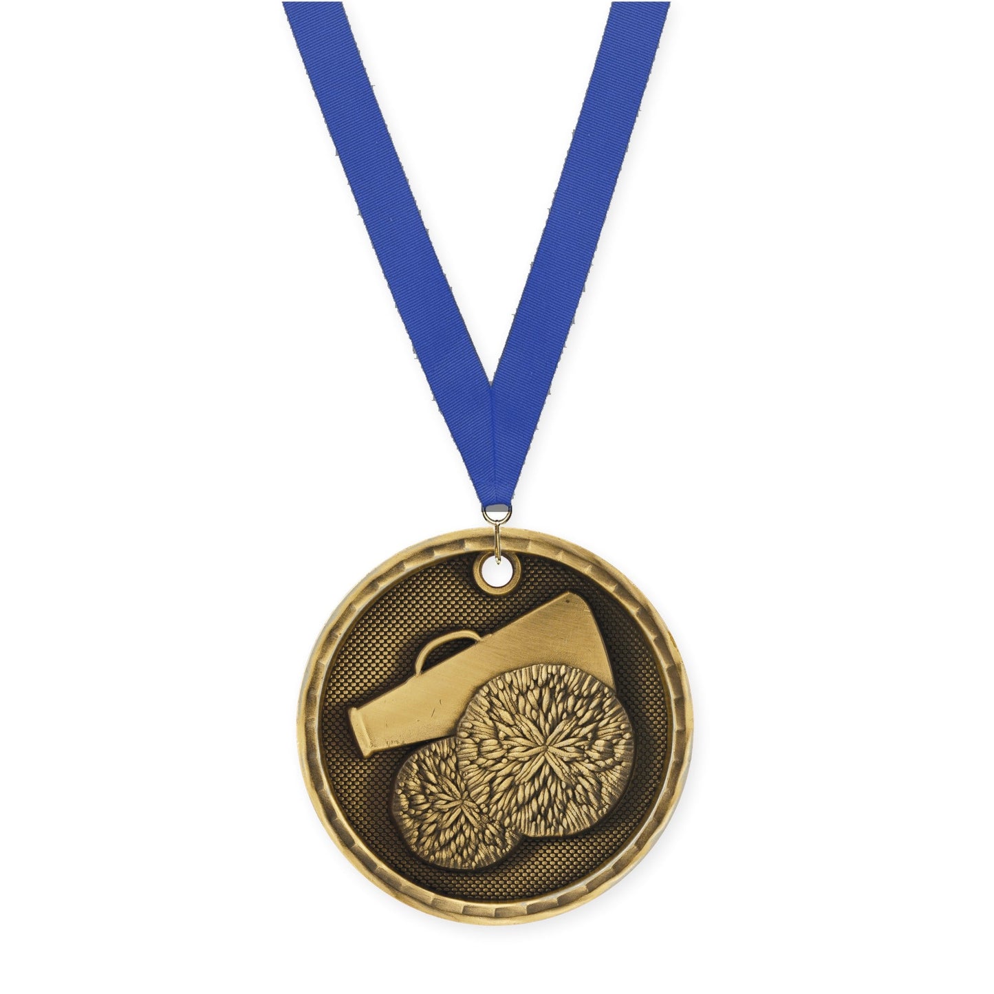 2 inch cheerleading 3-D medal in antique gold with Blue neck ribbon