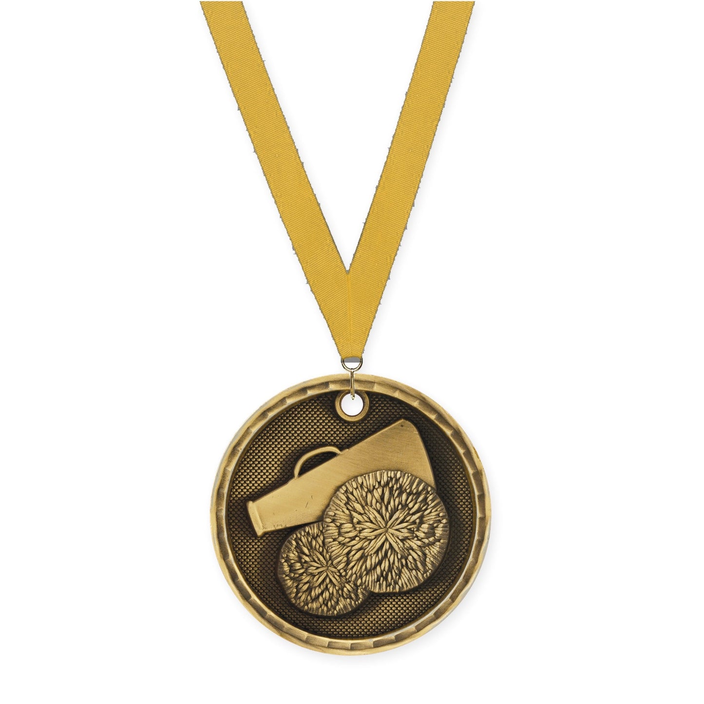 2 inch cheerleading 3-D medal in antique gold with Gold neck ribbon