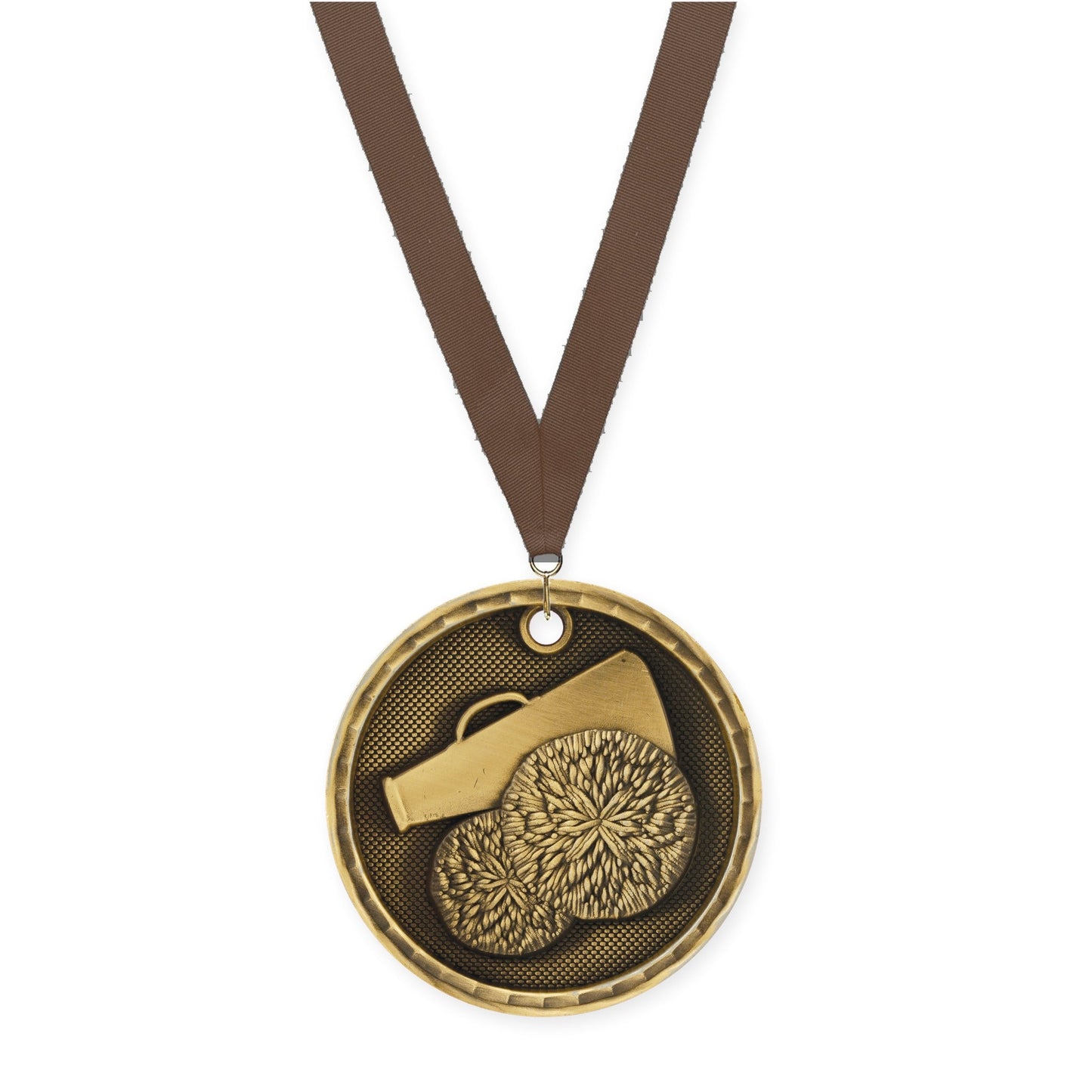 2 inch cheerleading 3-D medal in antique gold with Brown neck ribbon