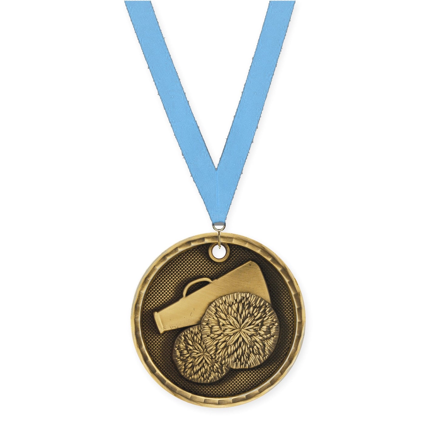 2 inch cheerleading 3-D medal in antique gold with Light Blue neck ribbon