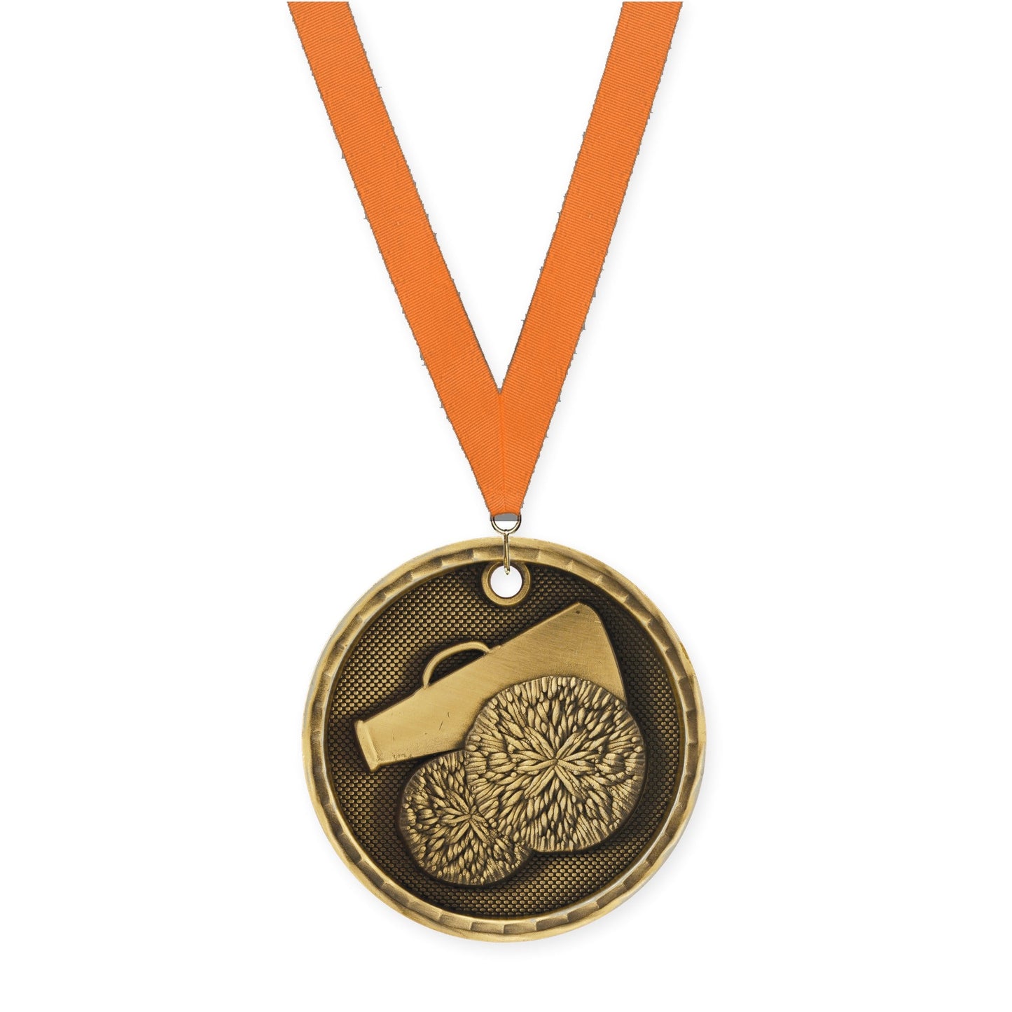 2 inch cheerleading 3-D medal in antique gold with Orange neck ribbon