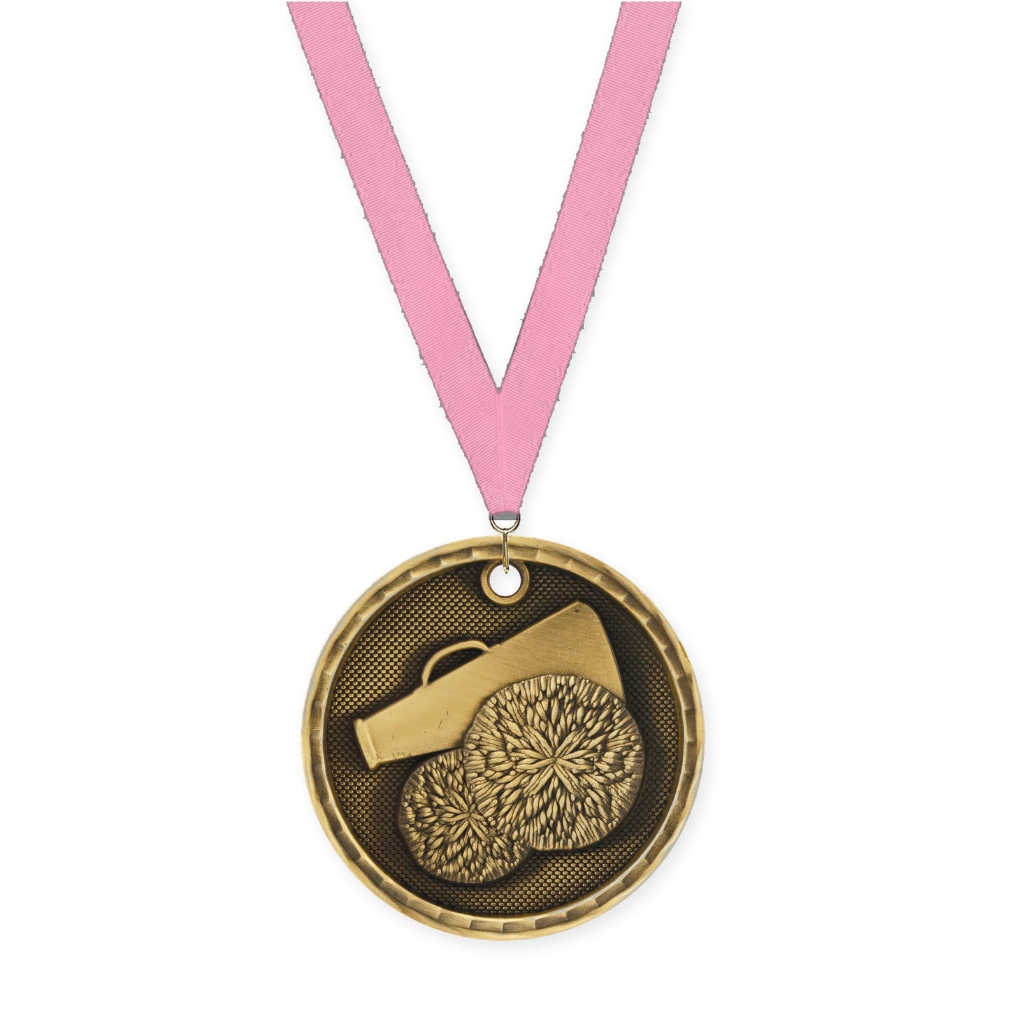2 inch cheerleading 3-D medal in antique gold with Pink neck ribbon