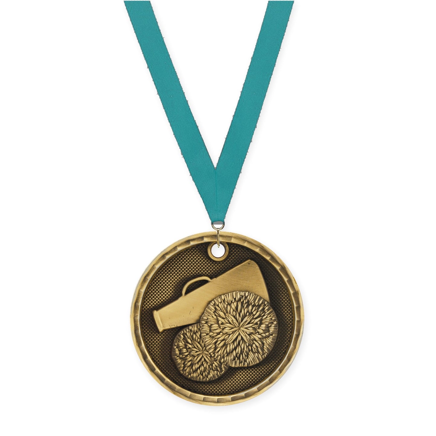 2 inch cheerleading 3-D medal in antique gold with Teal neck ribbon