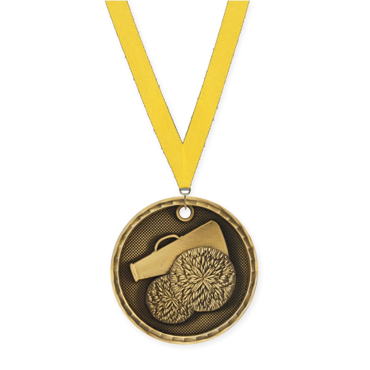 2 inch cheerleading 3-D medal in antique gold with Yellow neck ribbon