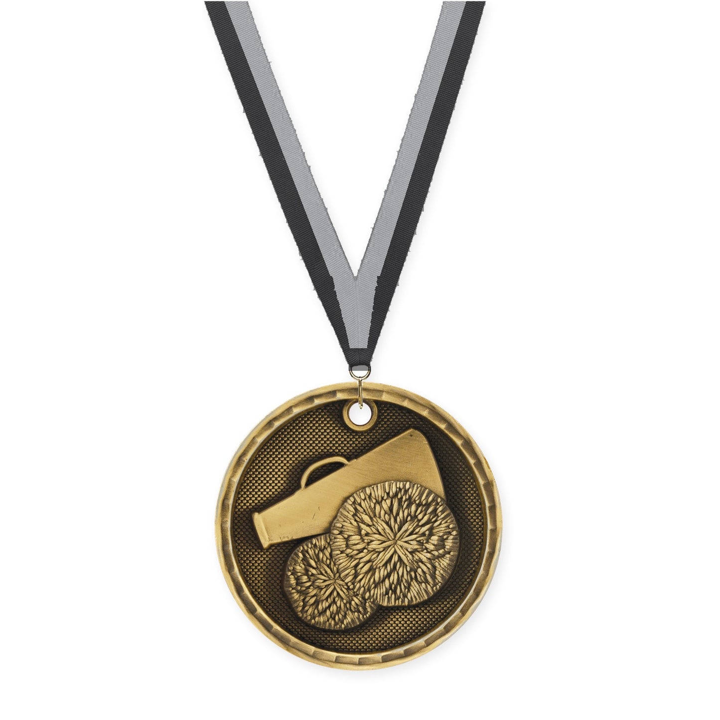 2 inch cheerleading 3-D medal in antique gold with Black Gray neck ribbon