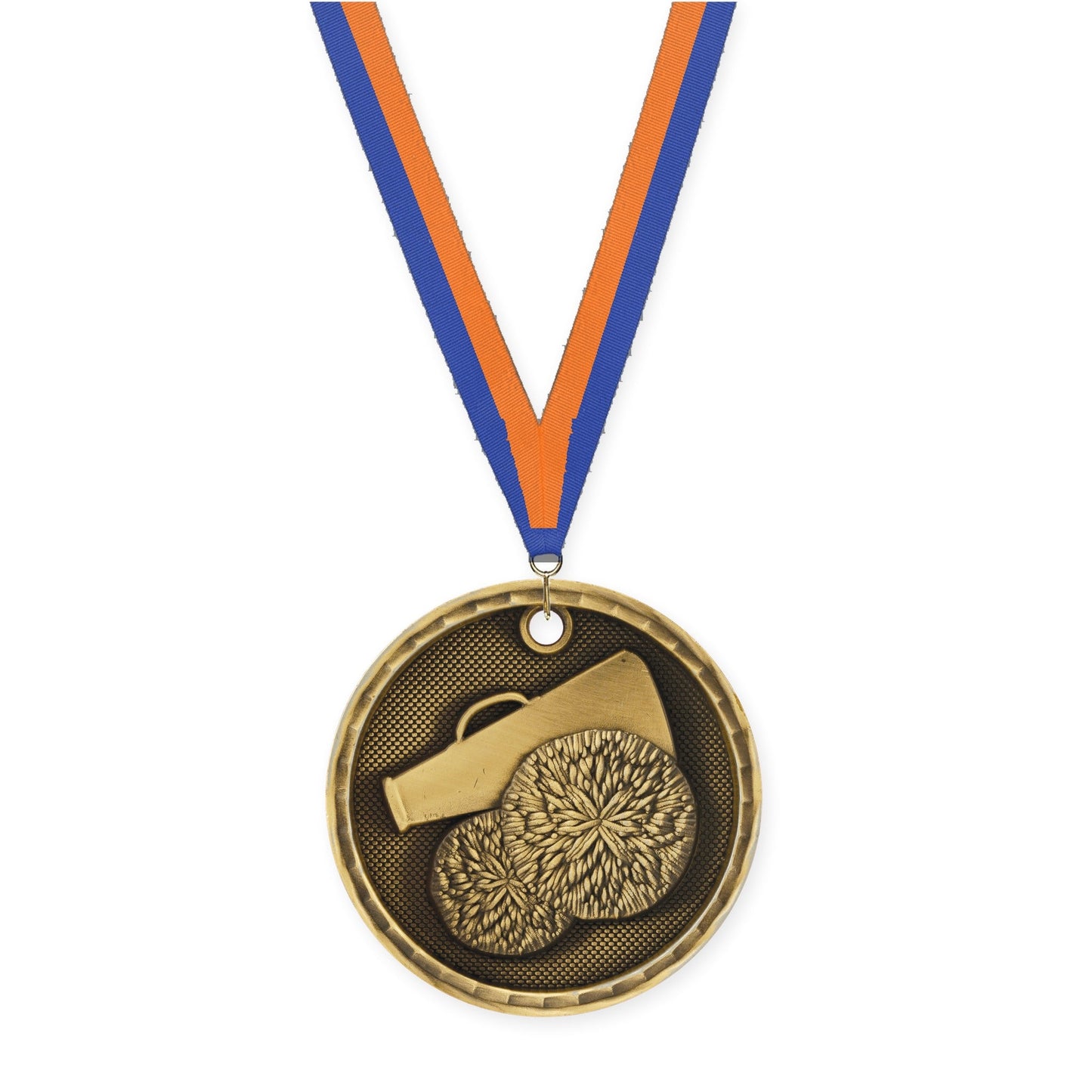 2 inch cheerleading 3-D medal in antique gold with Blue Orange neck ribbon