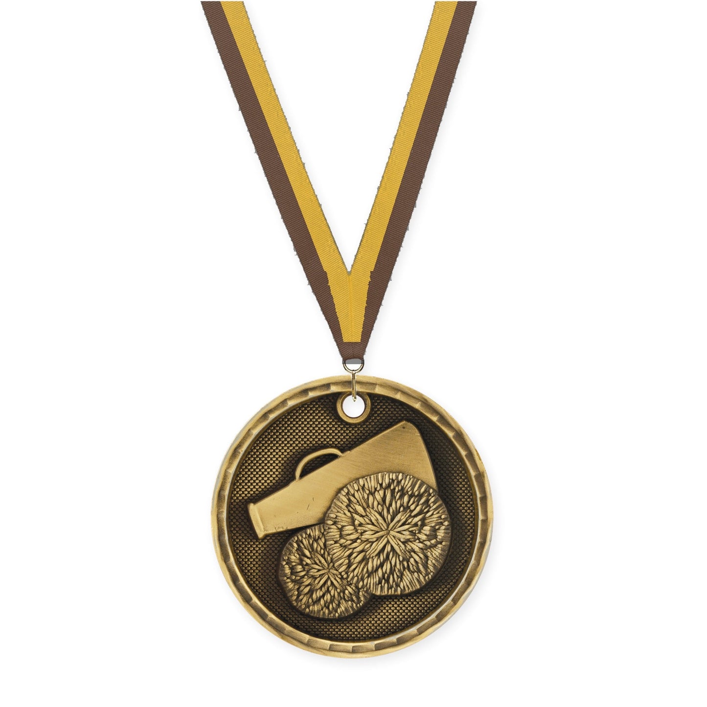 2 inch cheerleading 3-D medal in antique gold with Brown Gold neck ribbon