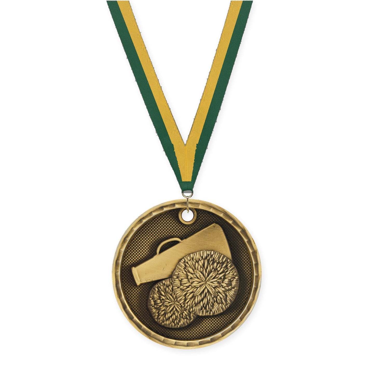 2 inch cheerleading 3-D medal in antique gold with Hunter Green Gold neck ribbon