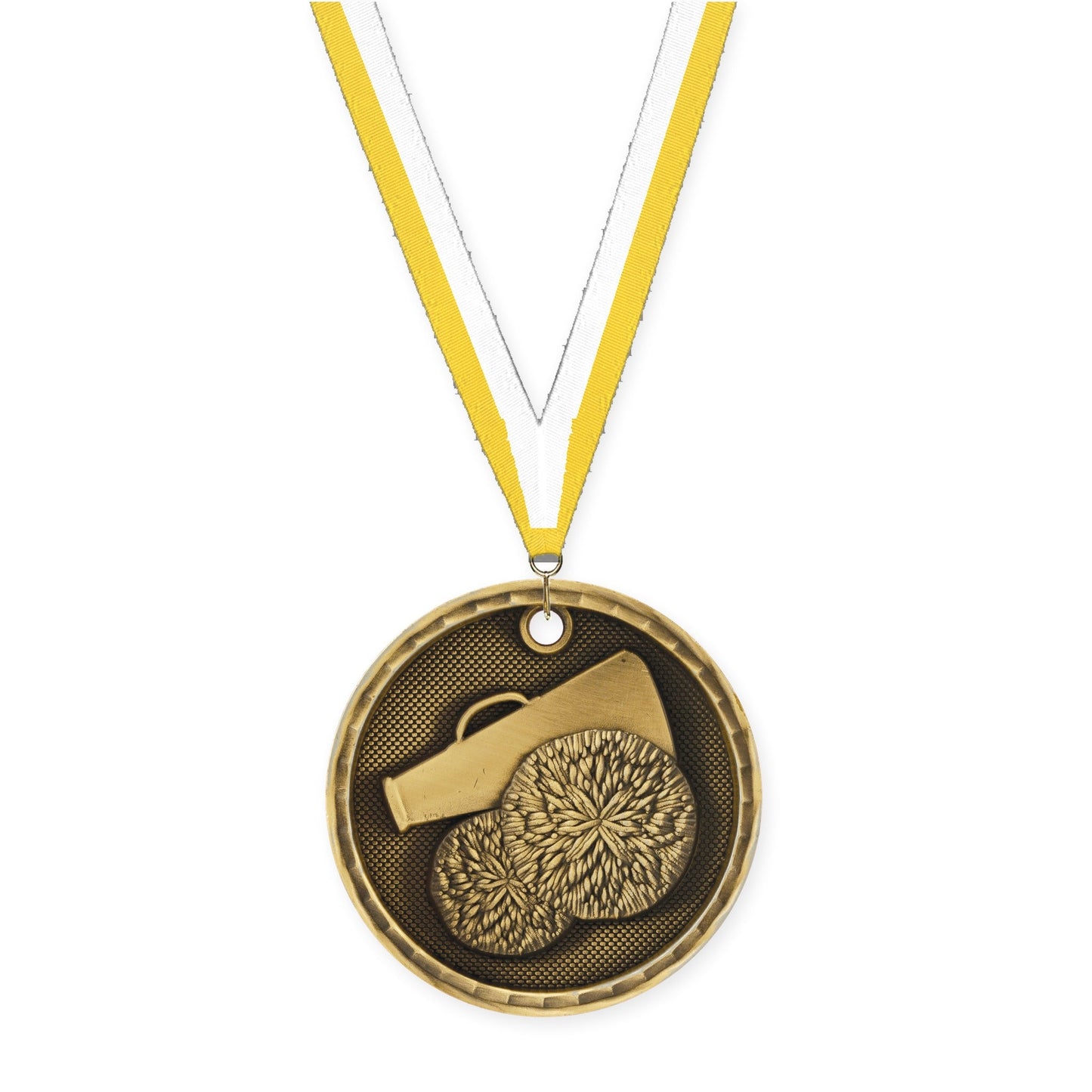 2 inch cheerleading 3-D medal in antique gold with Yellow White neck ribbon