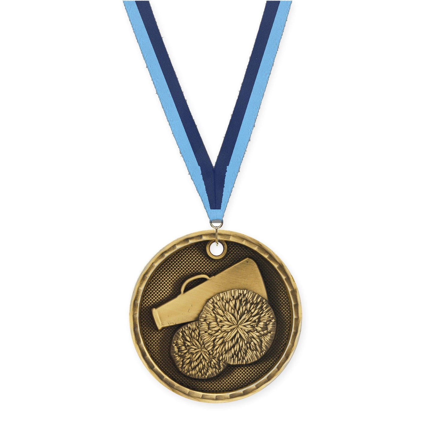 2 inch cheerleading 3-D medal in antique gold with Light Blue Navy neck ribbon