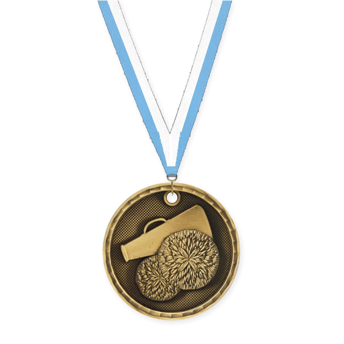 2 inch cheerleading 3-D medal in antique gold with Light Blue White neck ribbon
