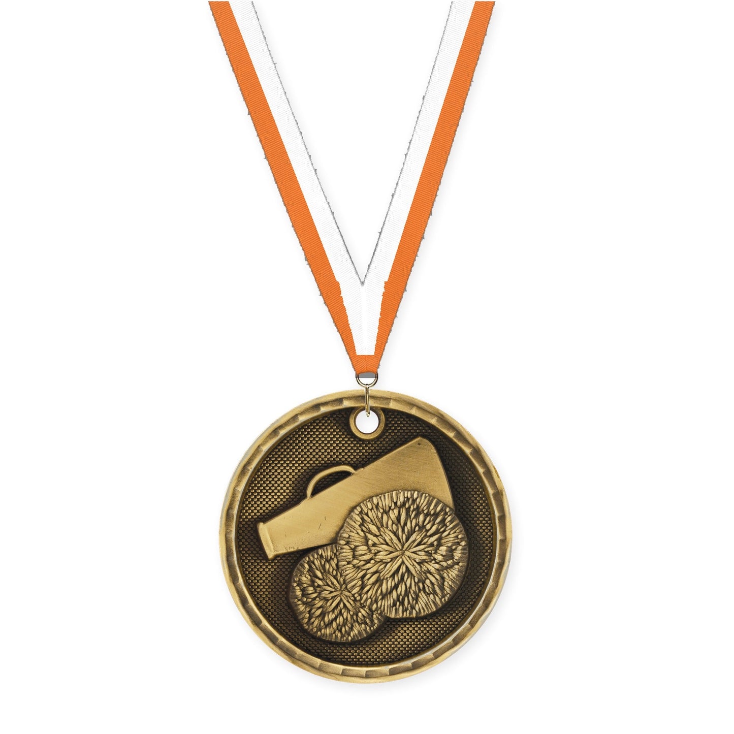 2 inch cheerleading 3-D medal in antique gold with Orange White neck ribbon
