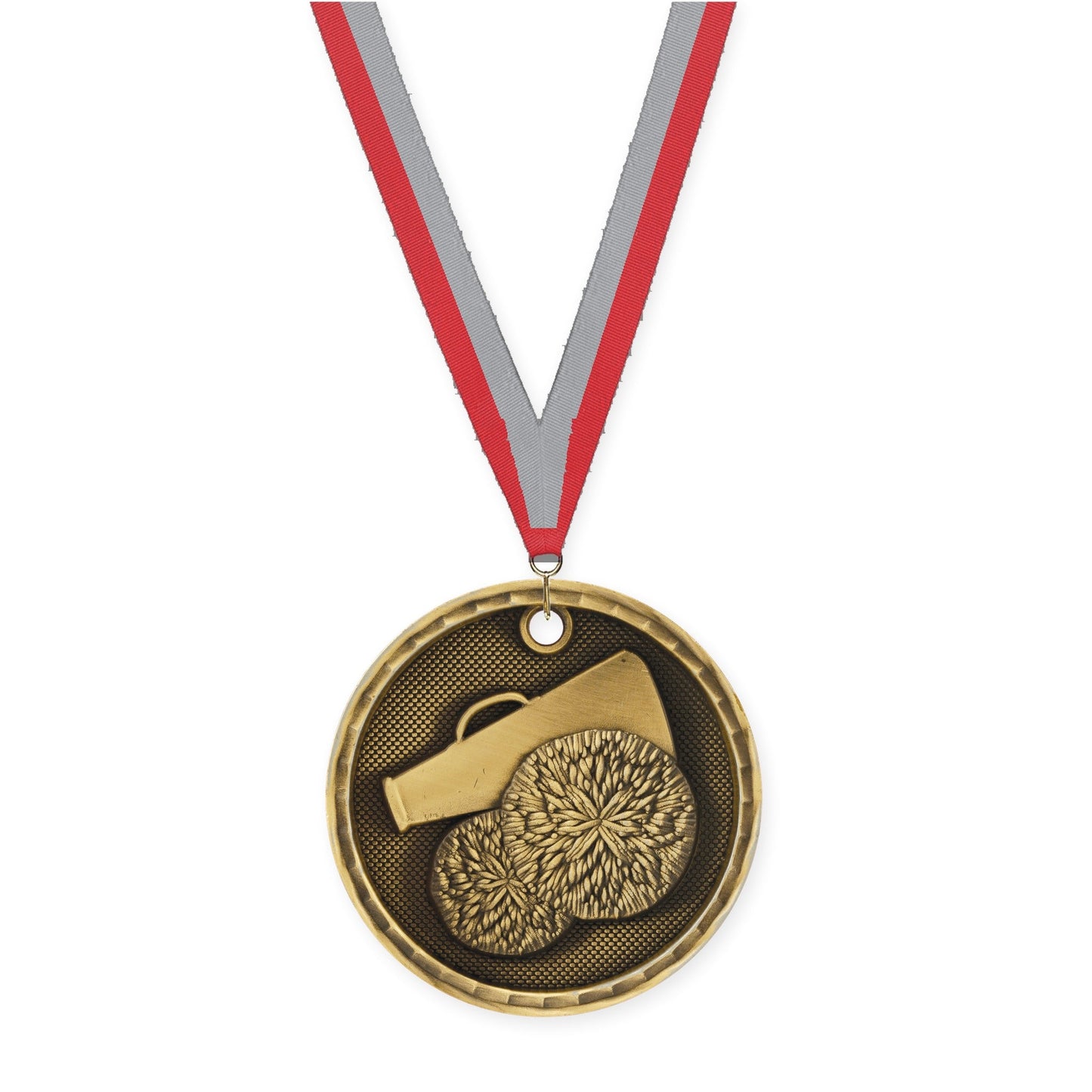 2 inch cheerleading 3-D medal in antique gold with Red Gray neck ribbon