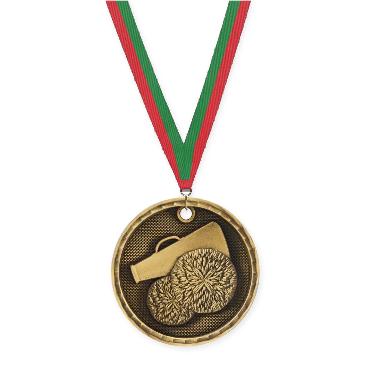2 inch cheerleading 3-D medal in antique gold with Red Green neck ribbon