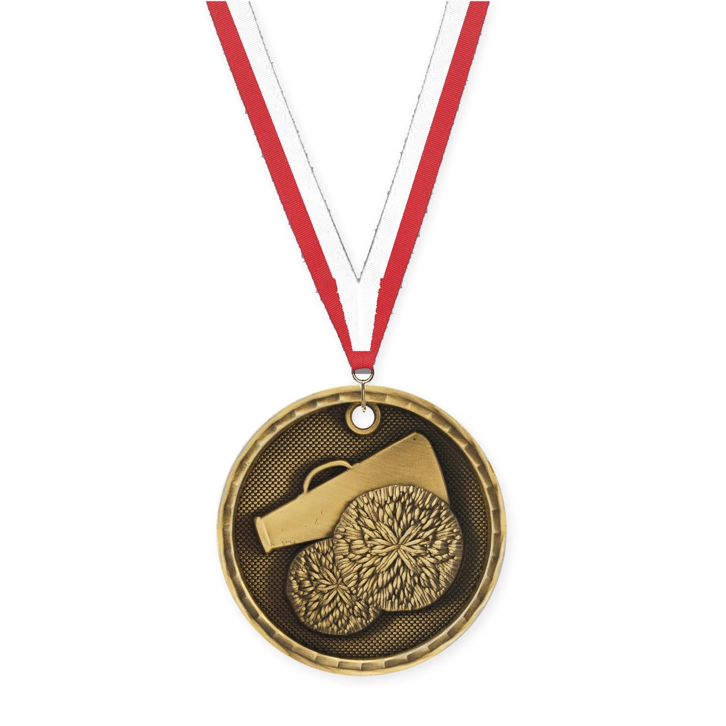 2 inch cheerleading 3-D medal in antique gold with Red White neck ribbon