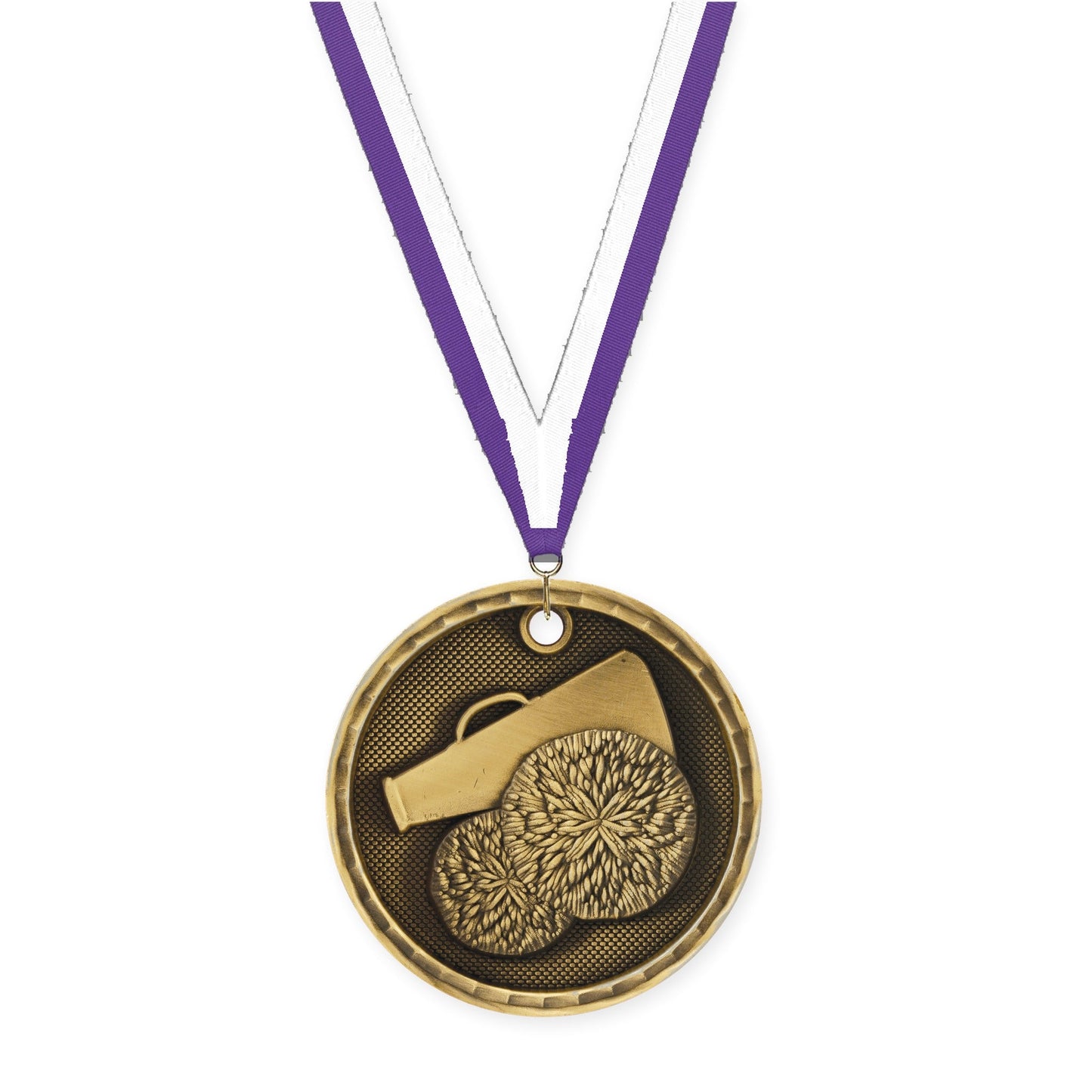 2 inch cheerleading 3-D medal in antique gold with Purple White neck ribbon