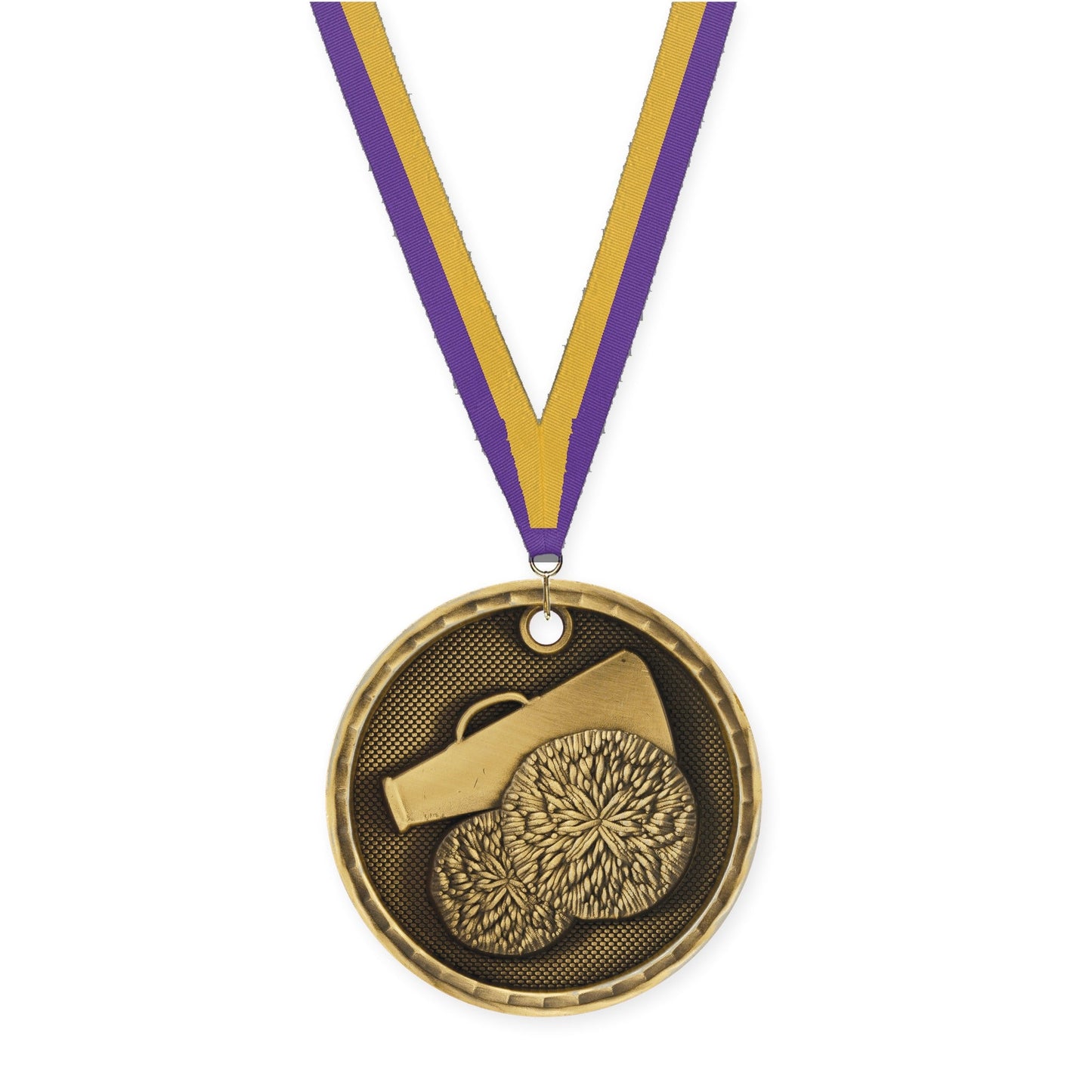 2 inch cheerleading 3-D medal in antique gold with Purple Gold neck ribbon