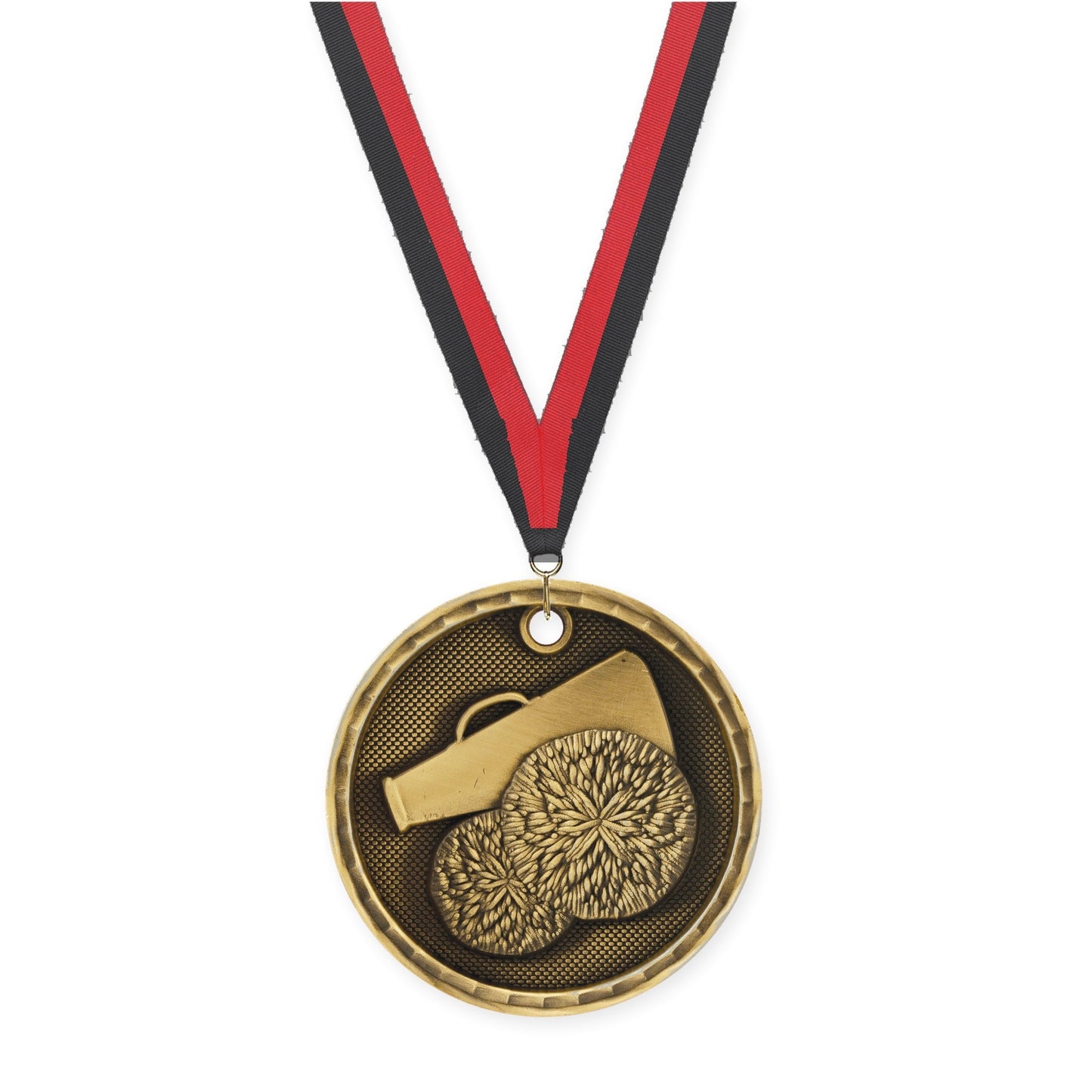 2 inch cheerleading 3-D medal in antique gold with Black Red neck ribbon